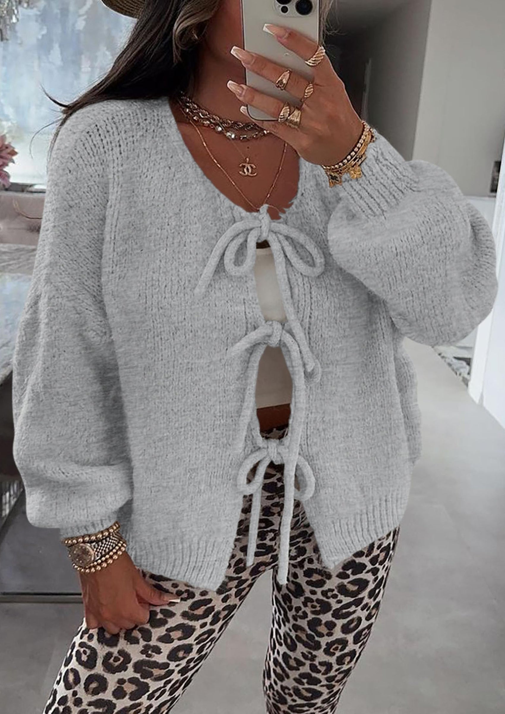 Women's Tie Front Bow Cardigan Sweaters Chunky Knit Long Puff Sleeve Trendy Fall Winter Jacket Coats