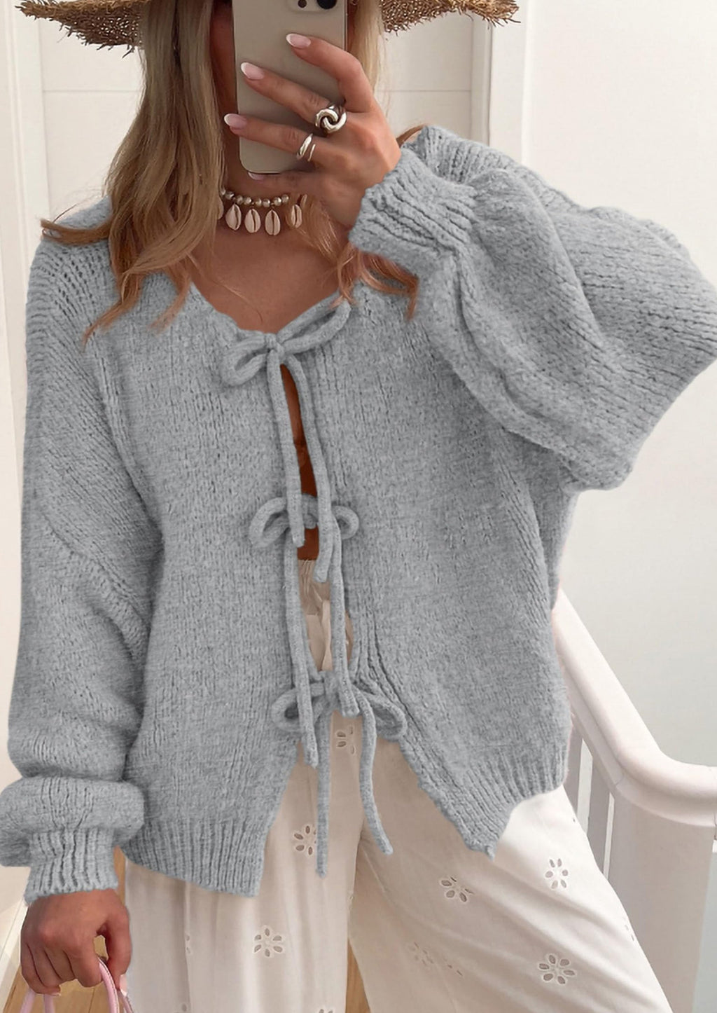 Women's Tie Front Bow Cardigan Sweaters Chunky Knit Long Puff Sleeve Trendy Fall Winter Jacket Coats