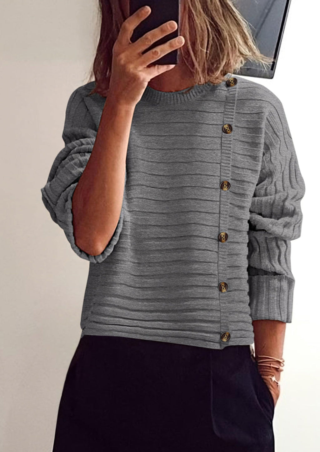 Womens Sweaters Fall Casual Long Sleeve Crewneck Button Loose Winter Knit Pullover Sweater Tops