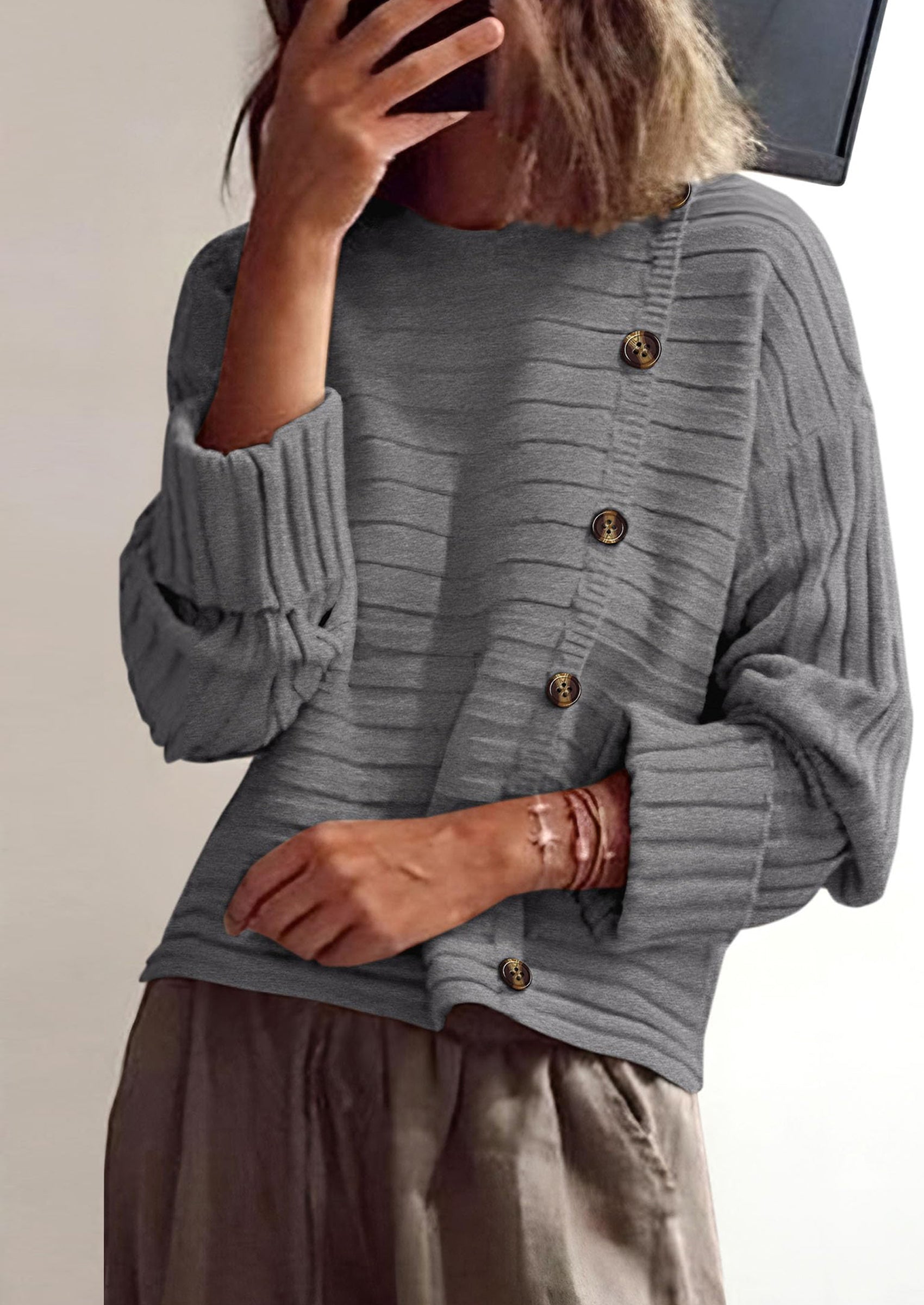 Womens Sweaters Fall Casual Long Sleeve Crewneck Button Loose Winter Knit Pullover Sweater Tops