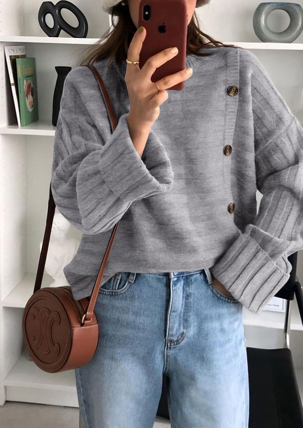 Womens Sweaters Fall Casual Long Sleeve Crewneck Button Loose Winter Knit Pullover Sweater Tops