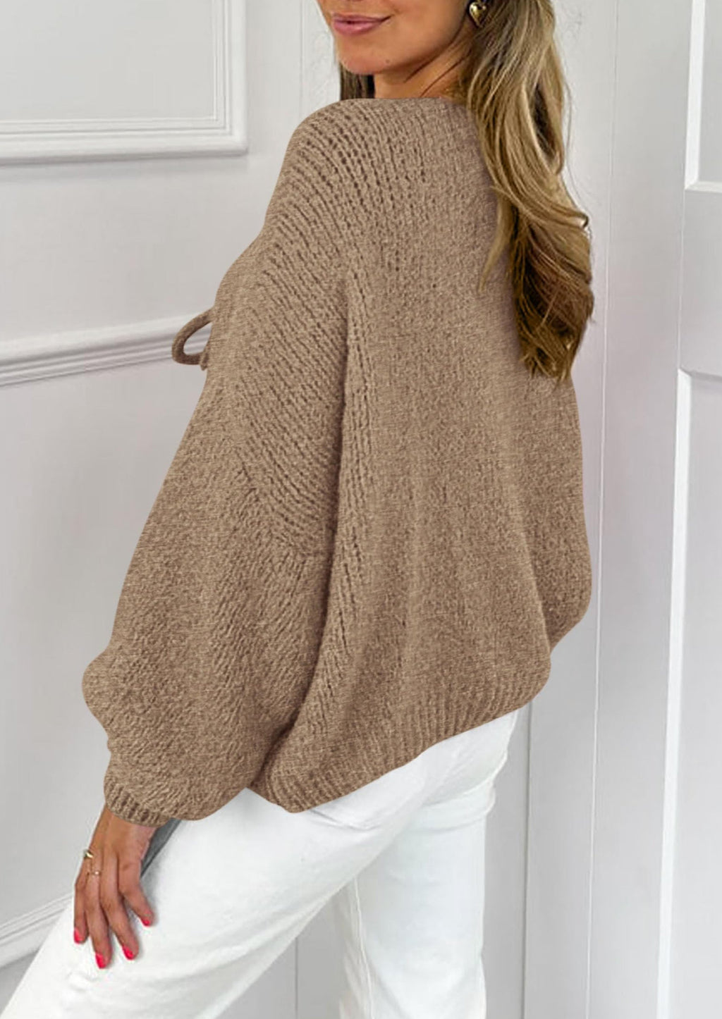 Women's Tie Front Bow Cardigan Sweaters Chunky Knit Long Puff Sleeve Trendy Fall Winter Jacket Coats