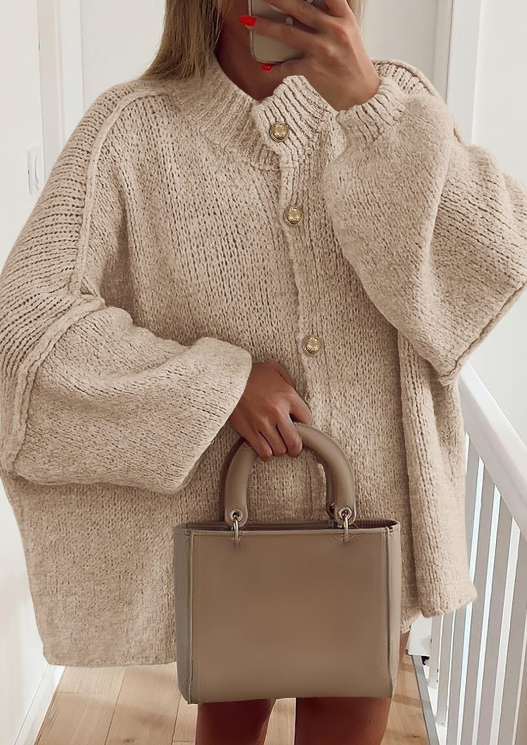 Women's Winter Button Down Cardigan Sweaters Mock Neck Lantern Long Sleeve Chunky Knit Jacket Trendy Outerwear