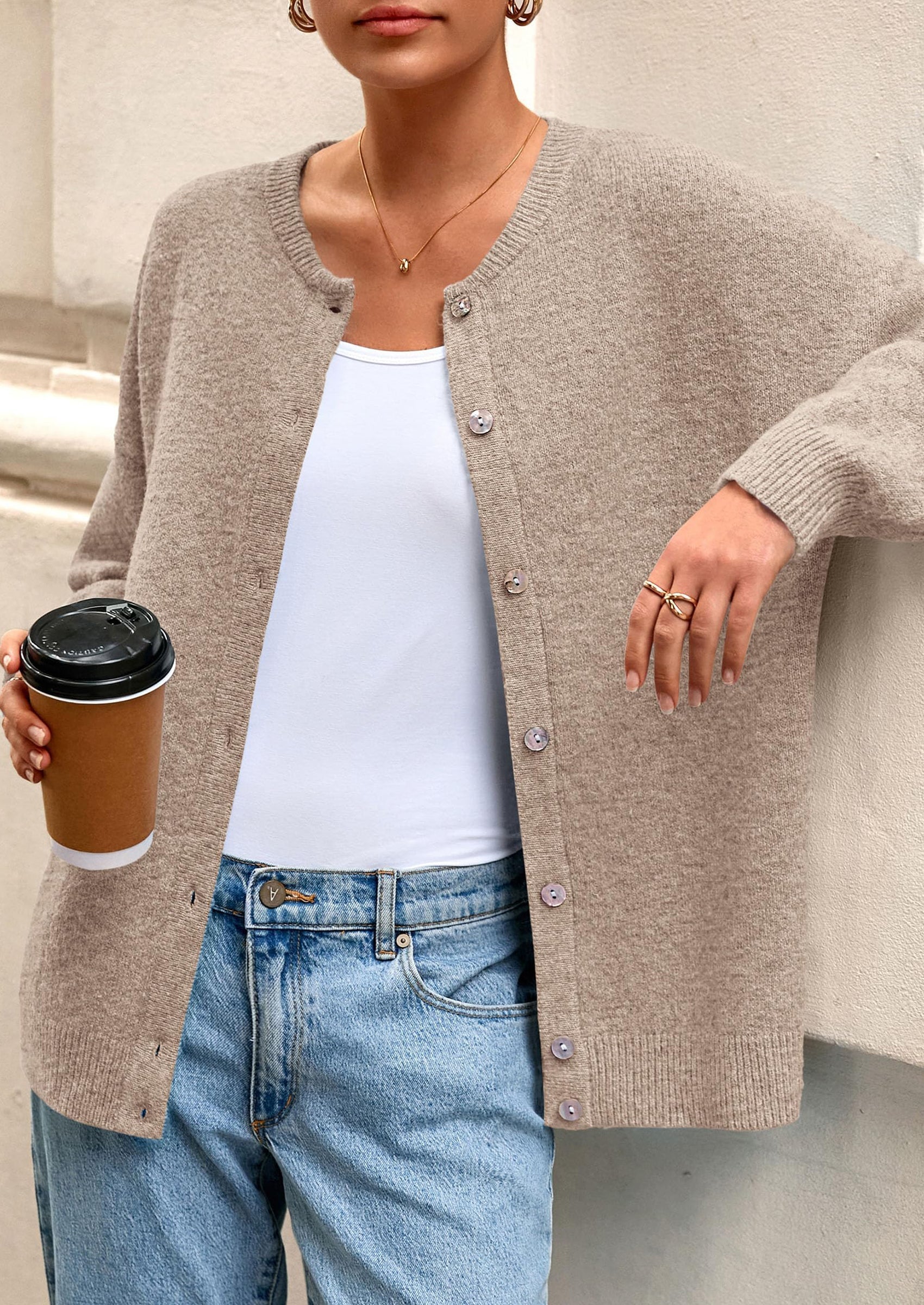 Fall Long Sleeve Cardigans for Women Trendy Open Front Winter Button Down Crewneck Soft Knit Sweater Jacket