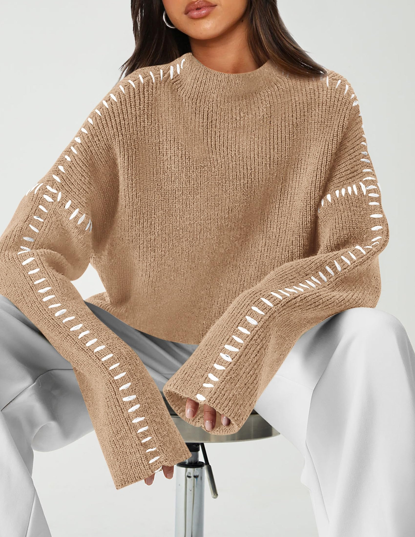Women's Chunky Knit Sweaters Fall Long Sleeve Mock Neck Oversized Pullover Tops Winter Fashion Clothes