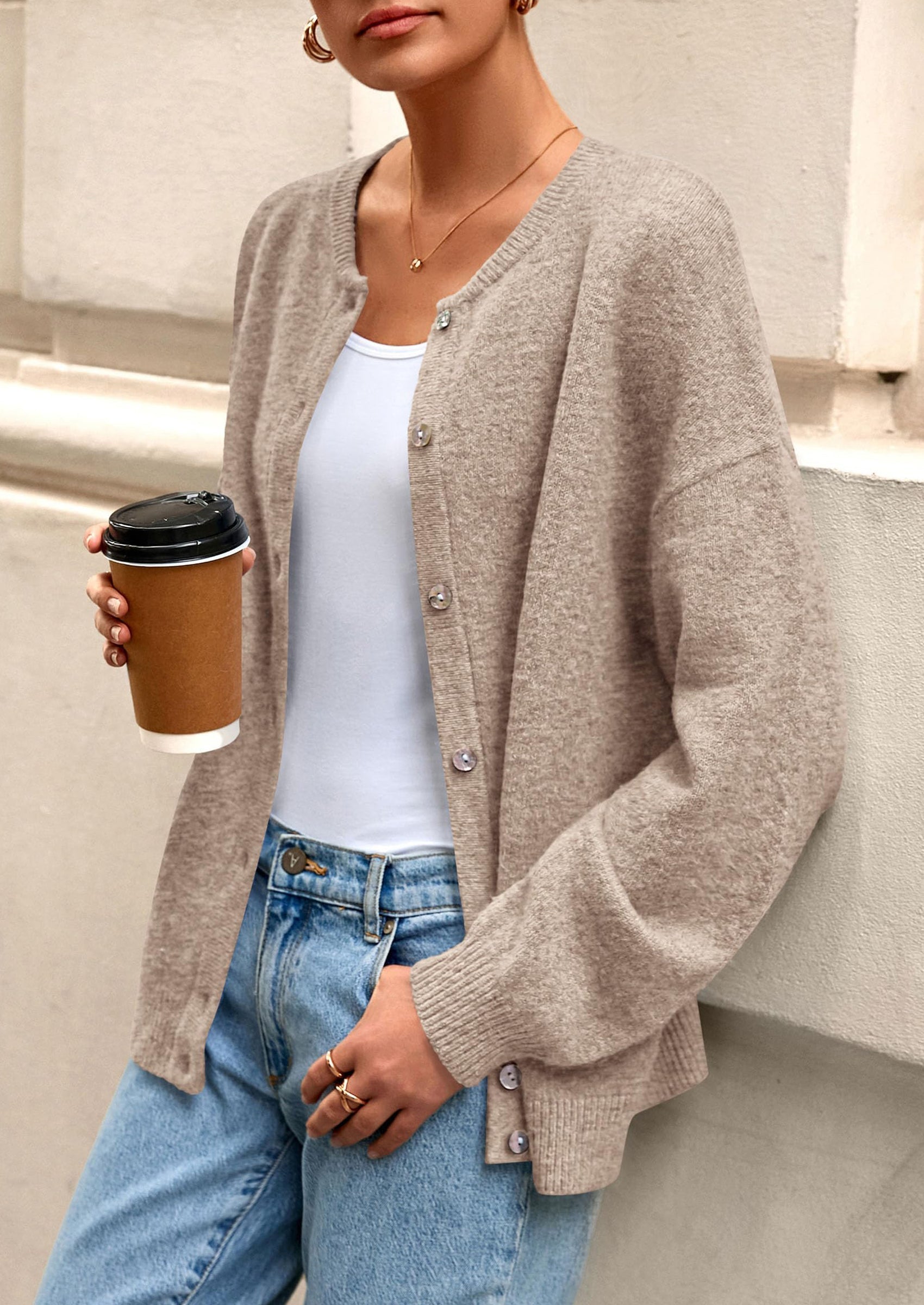 Fall Long Sleeve Cardigans for Women Trendy Open Front Winter Button Down Crewneck Soft Knit Sweater Jacket