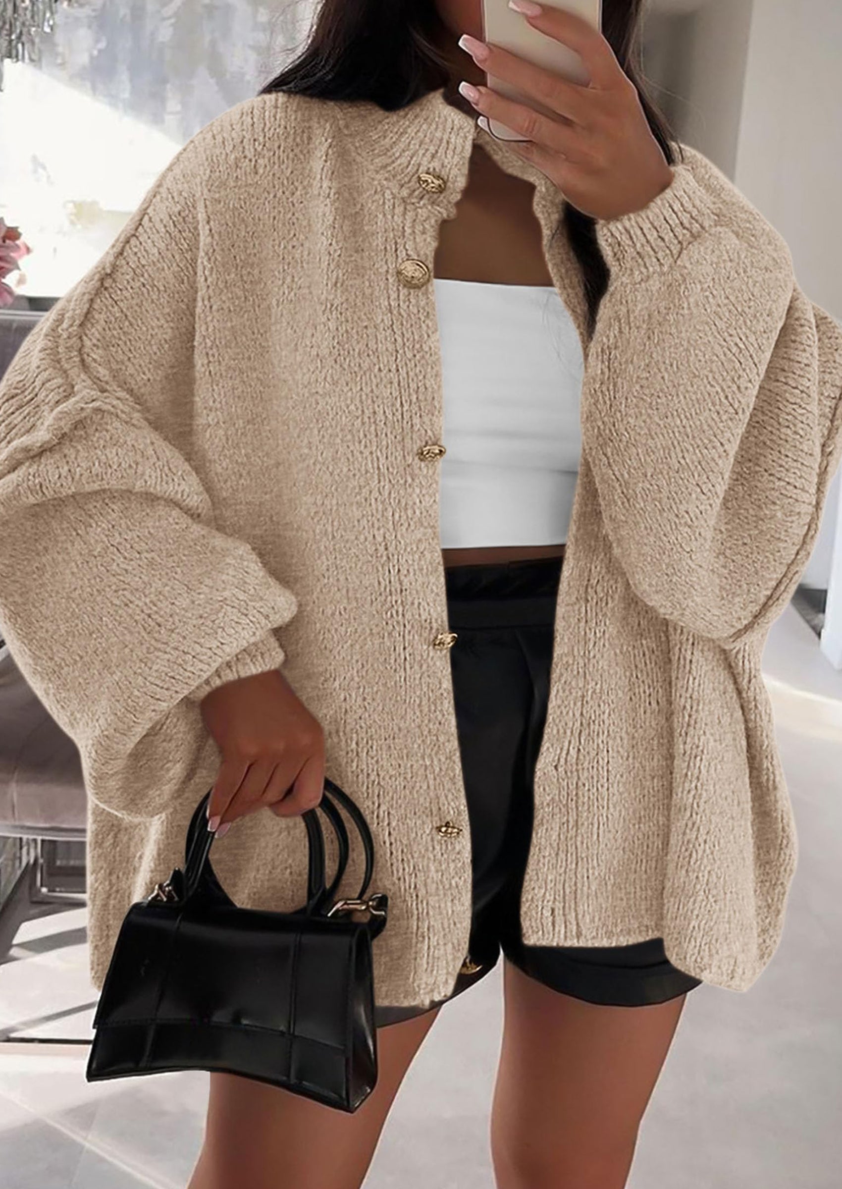 Women's Winter Button Down Cardigan Sweaters Mock Neck Lantern Long Sleeve Chunky Knit Jacket Trendy Outerwear