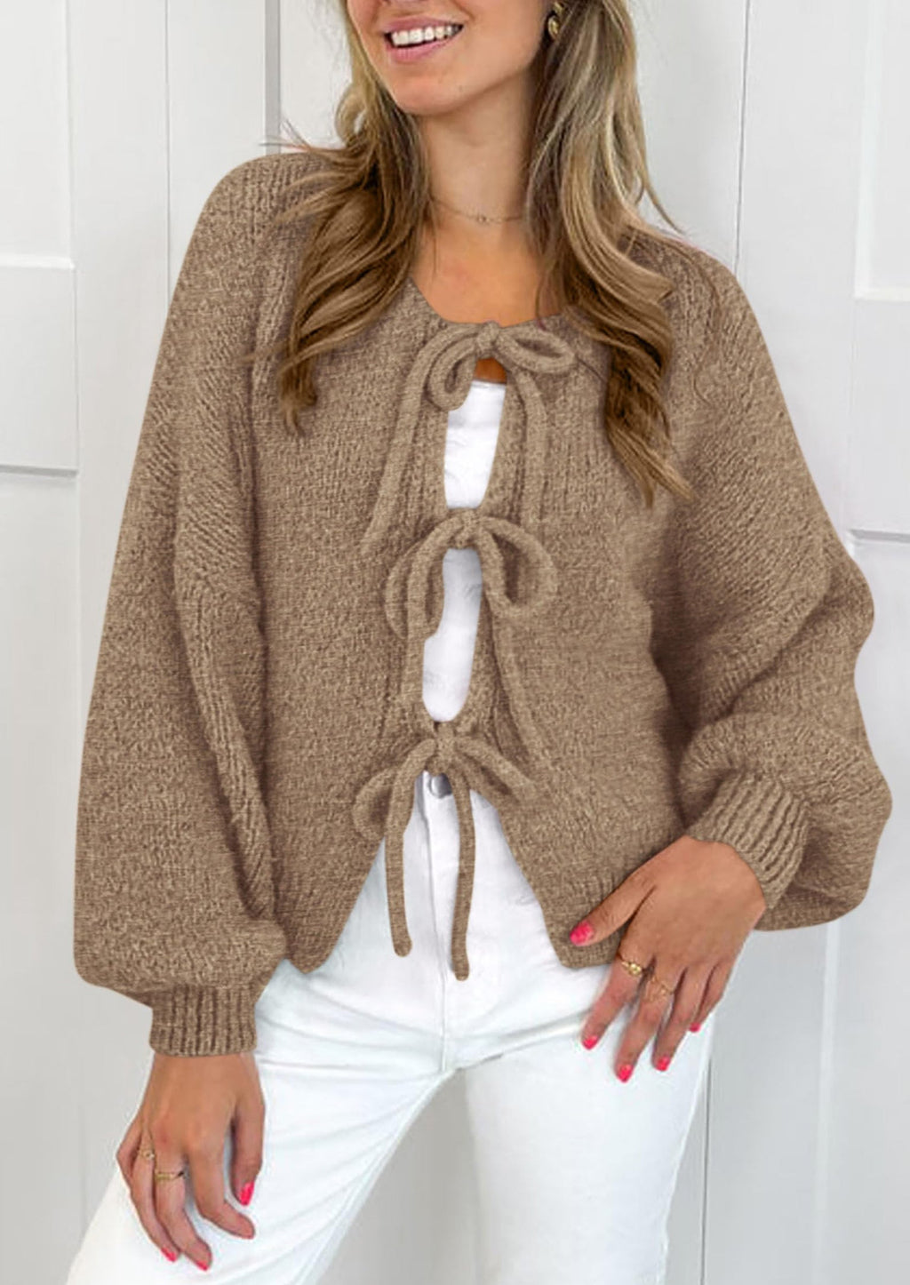 Women's Tie Front Bow Cardigan Sweaters Chunky Knit Long Puff Sleeve Trendy Fall Winter Jacket Coats