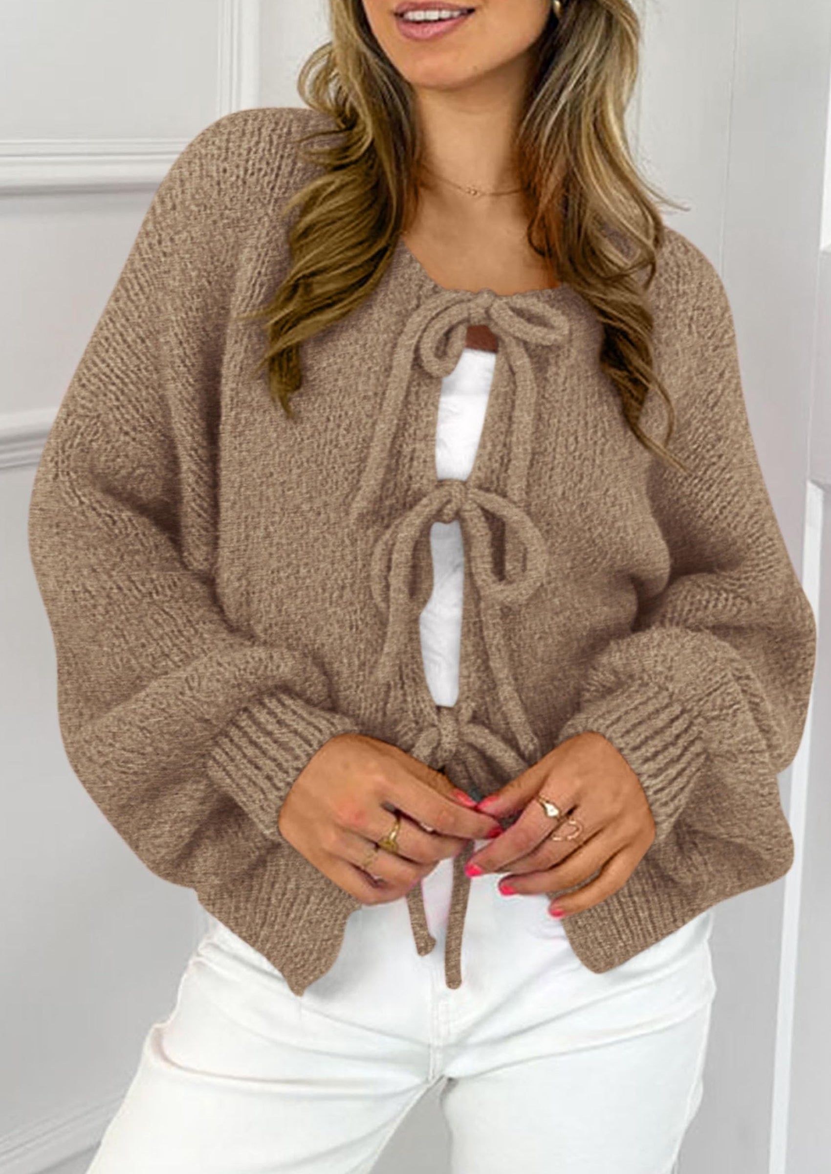 Women's Tie Front Bow Cardigan Sweaters Chunky Knit Long Puff Sleeve Trendy Fall Winter Jacket Coats