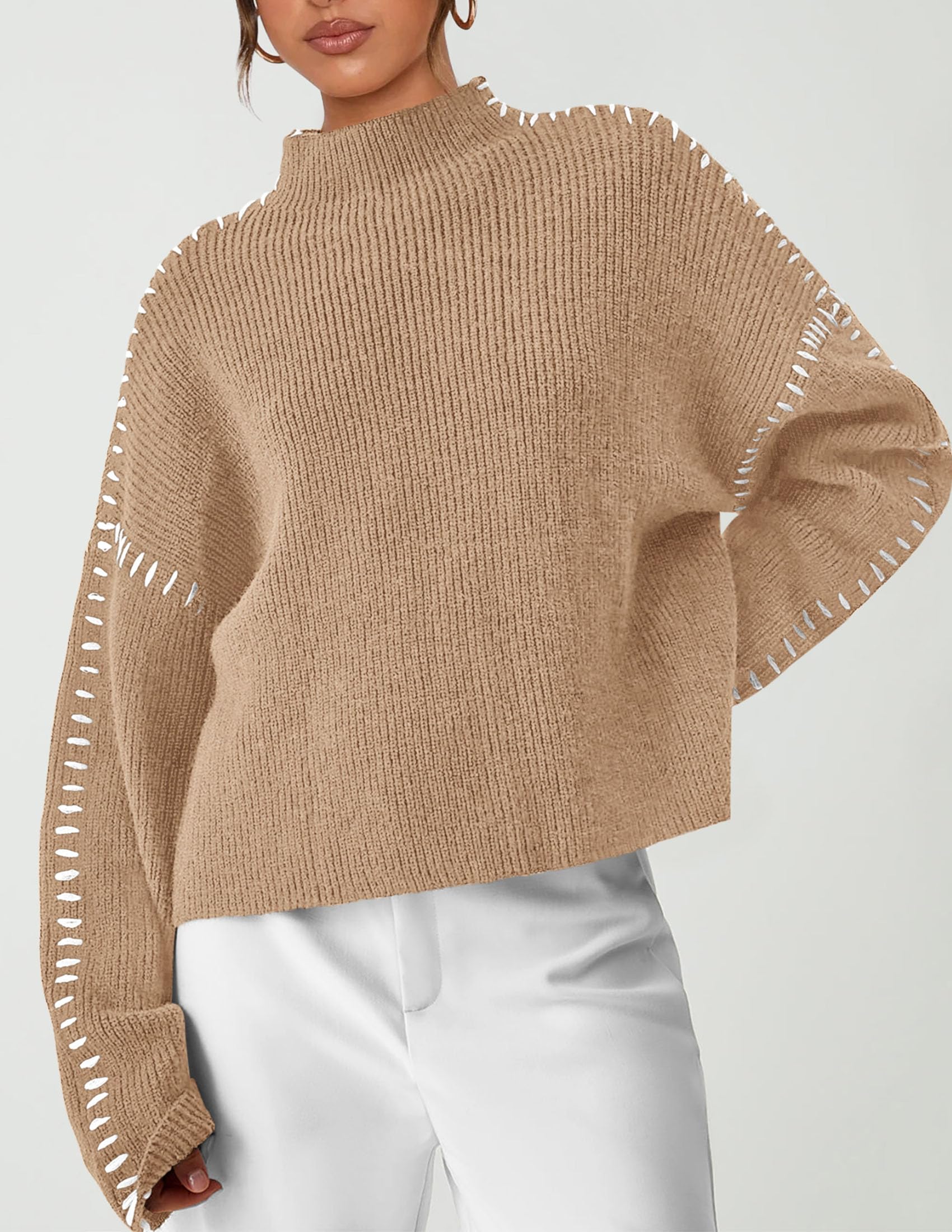 Women's Chunky Knit Sweaters Fall Long Sleeve Mock Neck Oversized Pullover Tops Winter Fashion Clothes