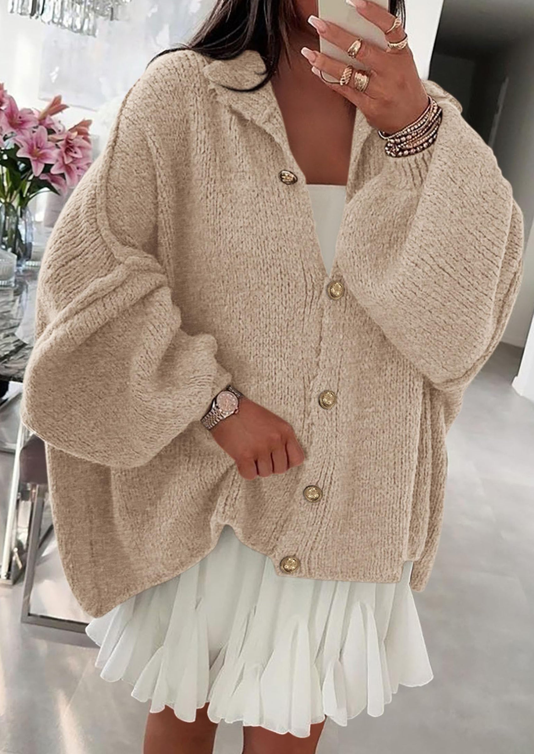 Women's Winter Button Down Cardigan Sweaters Mock Neck Lantern Long Sleeve Chunky Knit Jacket Trendy Outerwear