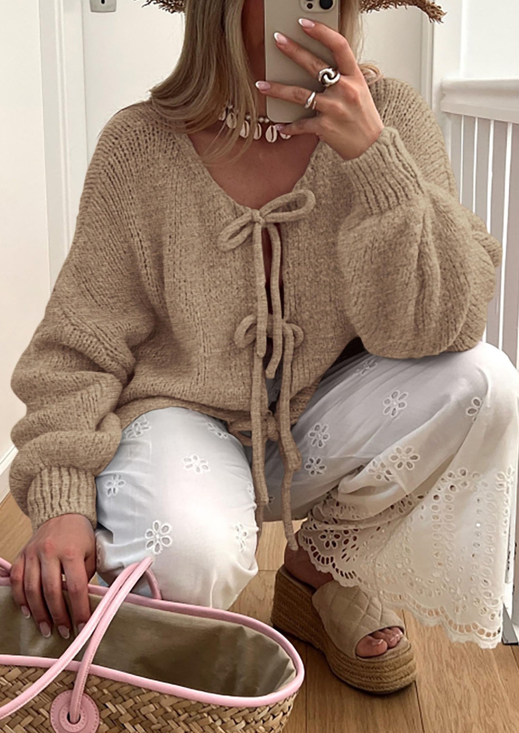 Women's Tie Front Bow Cardigan Sweaters Chunky Knit Long Puff Sleeve Trendy Fall Winter Jacket Coats