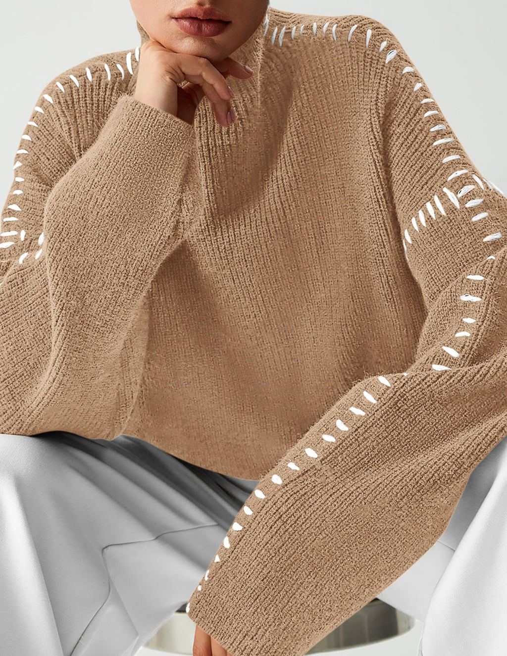 Women's Chunky Knit Sweaters Fall Long Sleeve Mock Neck Oversized Pullover Tops Winter Fashion Clothes