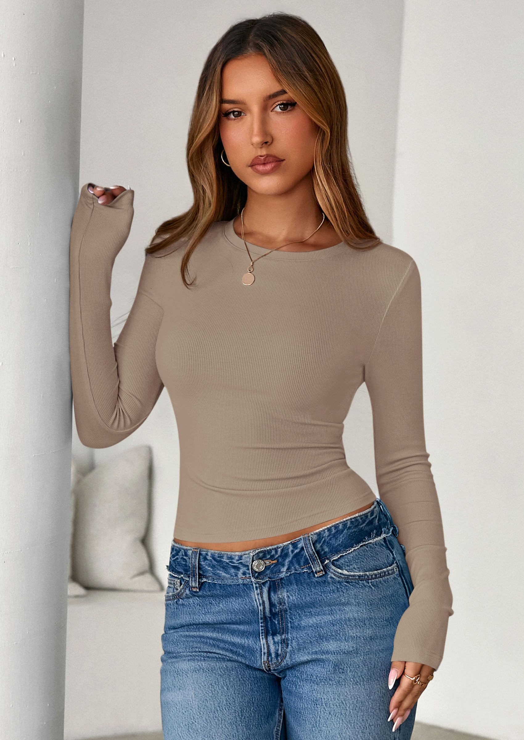 Womens Summer Fall Long Sleeve Shirts Ribbed Knit Fitted Basic Tee Going Out Tops Underscrub Casual Outfits