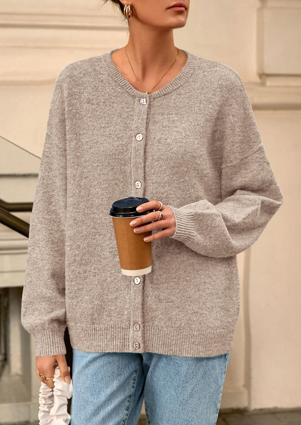 Fall Long Sleeve Cardigans for Women Trendy Open Front Winter Button Down Crewneck Soft Knit Sweater Jacket