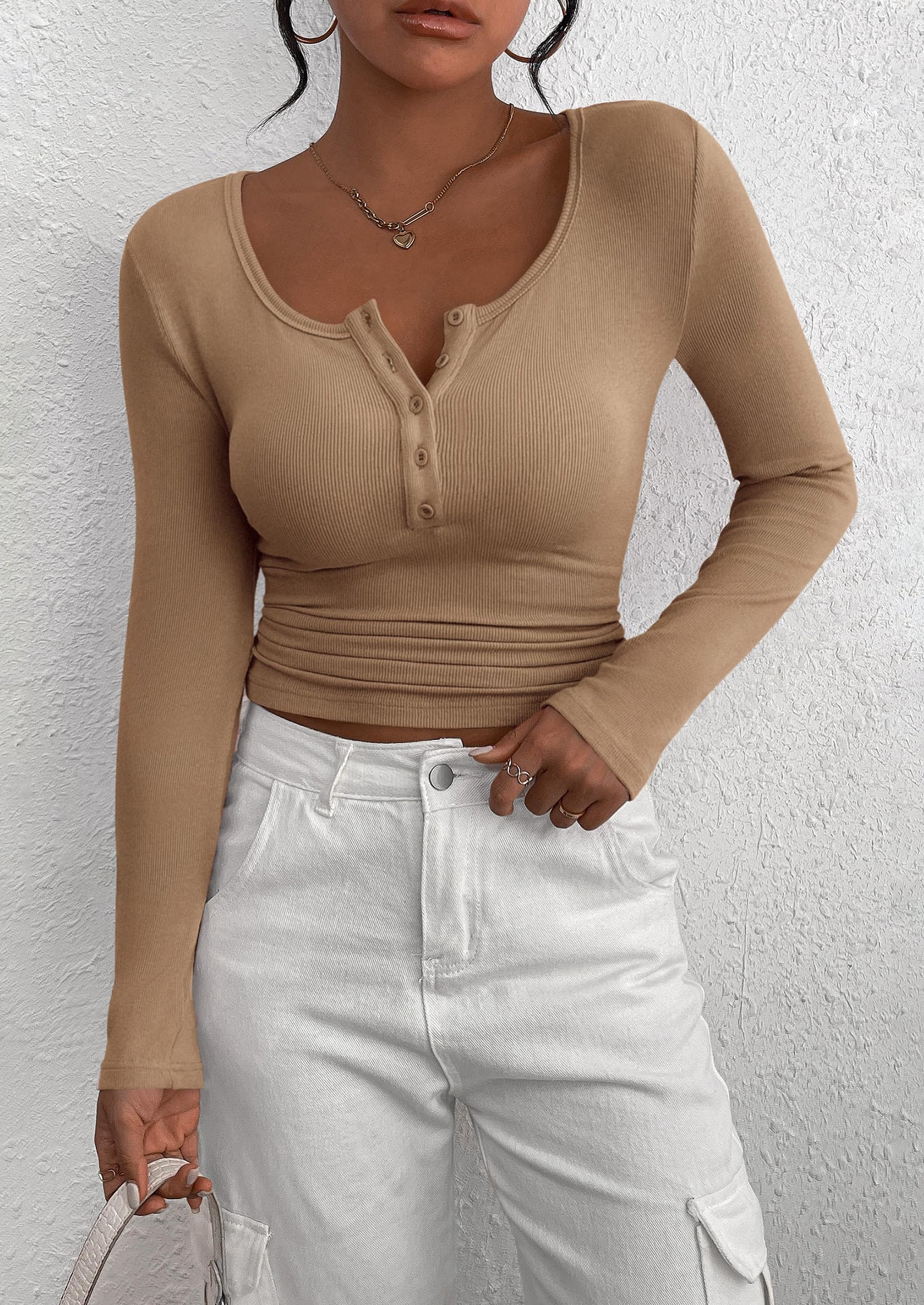 Women's Spring Fall Long Sleeve Henley T Shirts Button Ribbed Knit Slim Fit Casual Basic Tops Blouse
