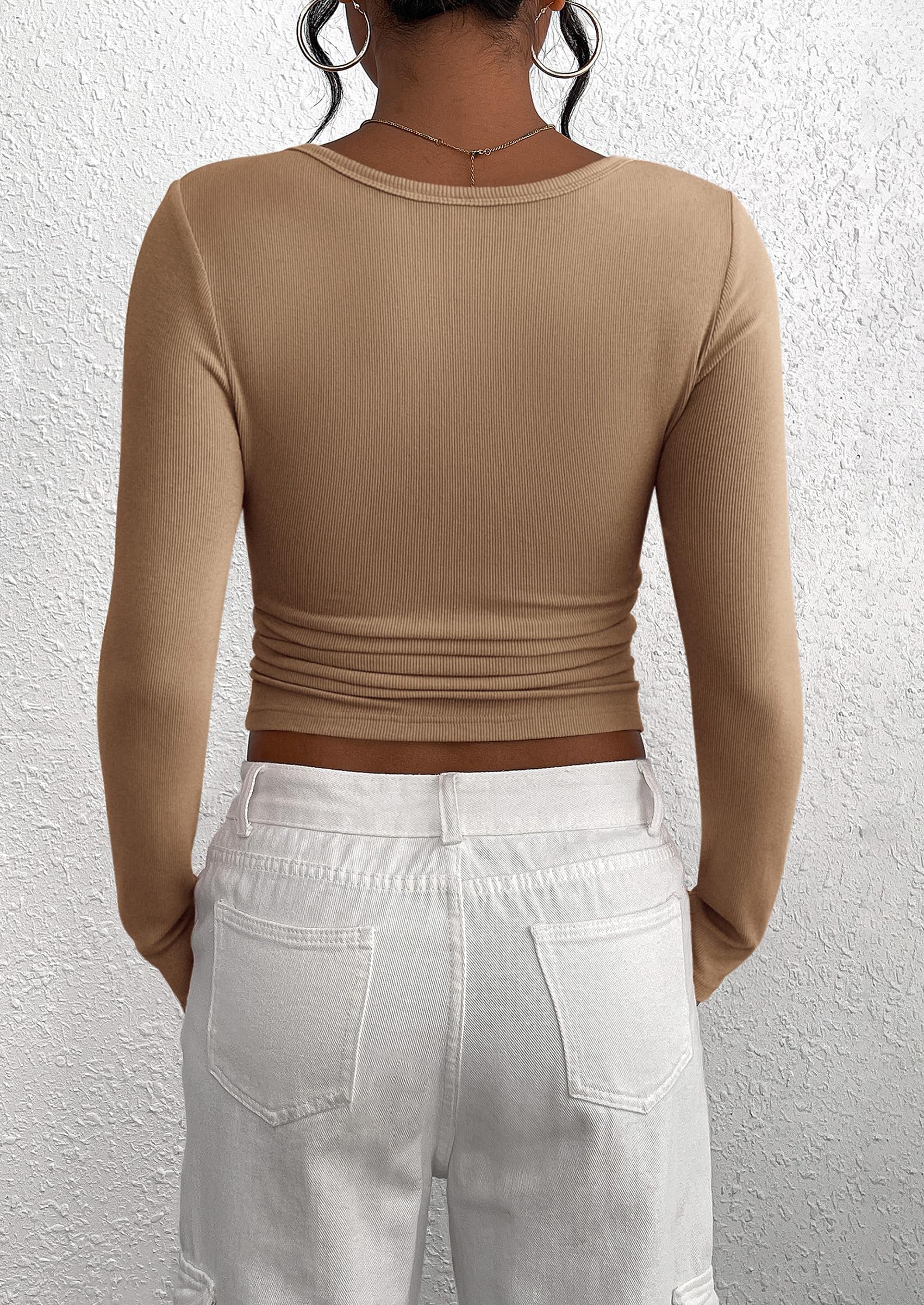 Women's Spring Fall Long Sleeve Henley T Shirts Button Ribbed Knit Slim Fit Casual Basic Tops Blouse