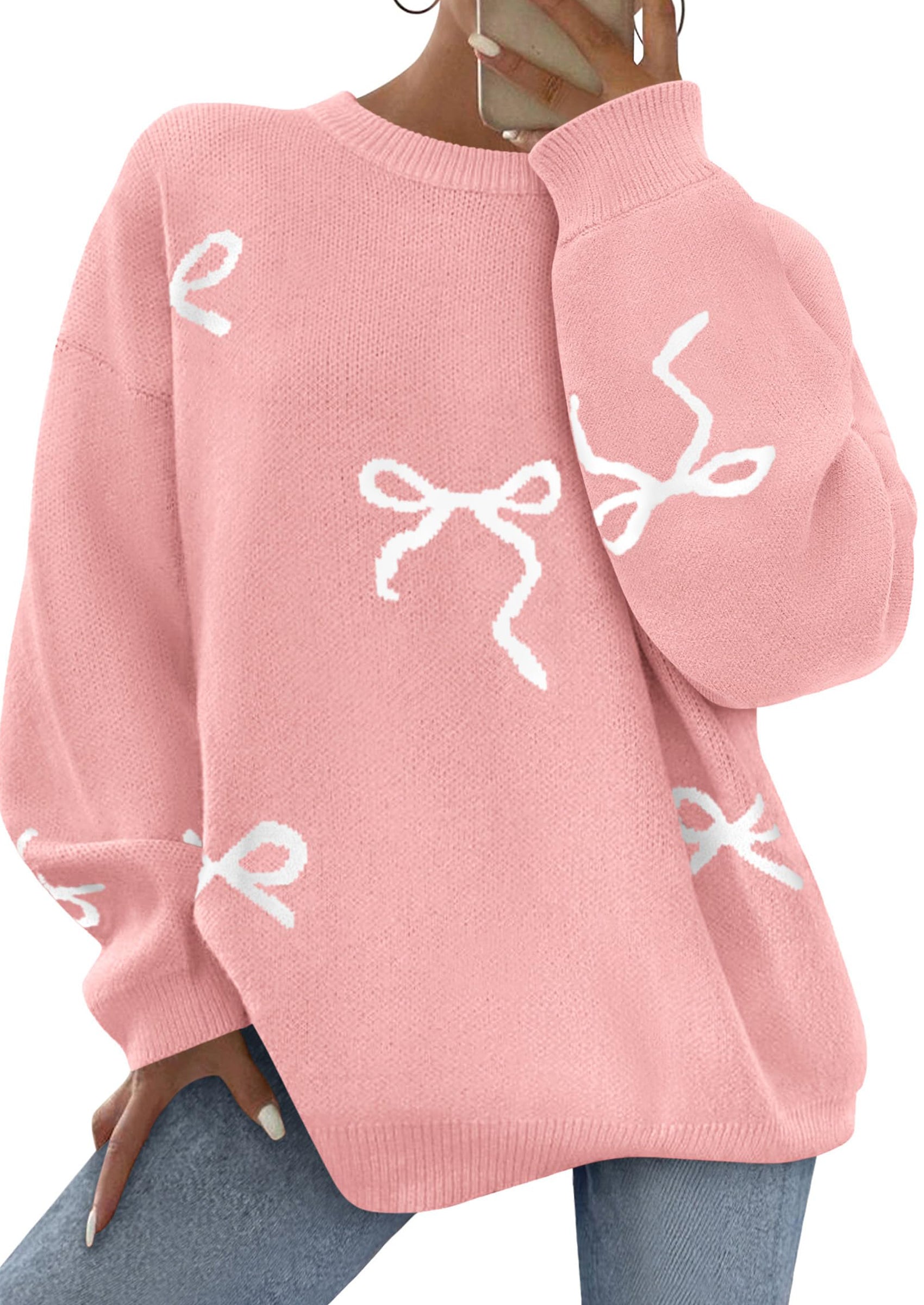 Fall Long Sleeve Pullover Sweaters for Women Trendy Crewneck Casual Cute Bow Chunky Knit Oversized Sweater