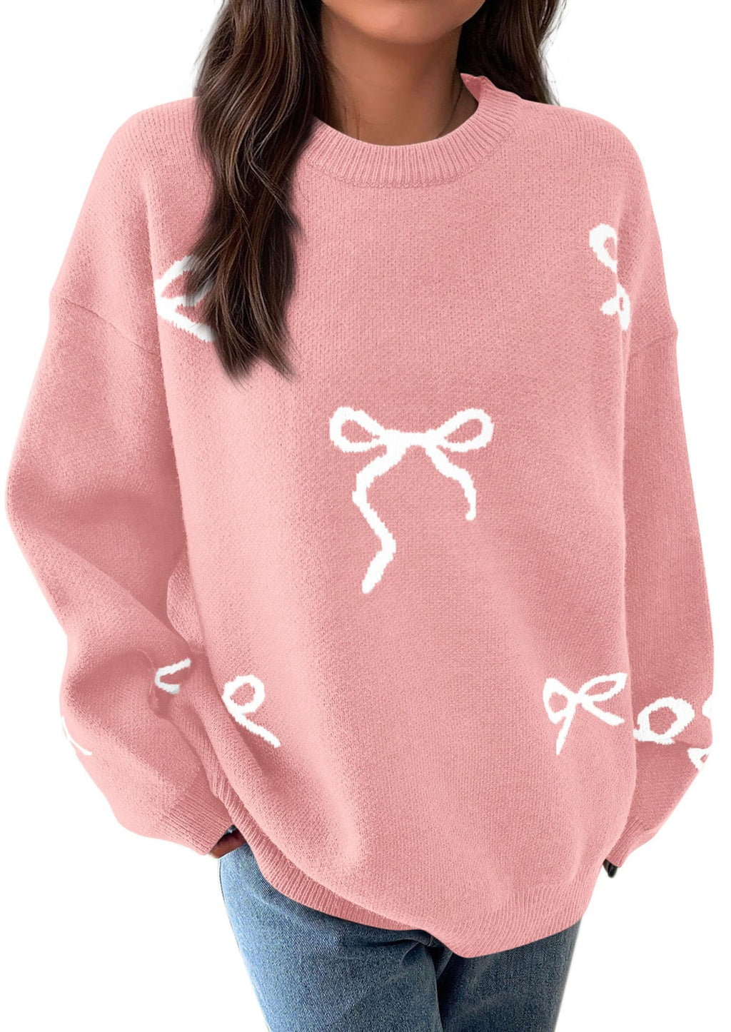 Fall Long Sleeve Pullover Sweaters for Women Trendy Crewneck Casual Cute Bow Chunky Knit Oversized Sweater