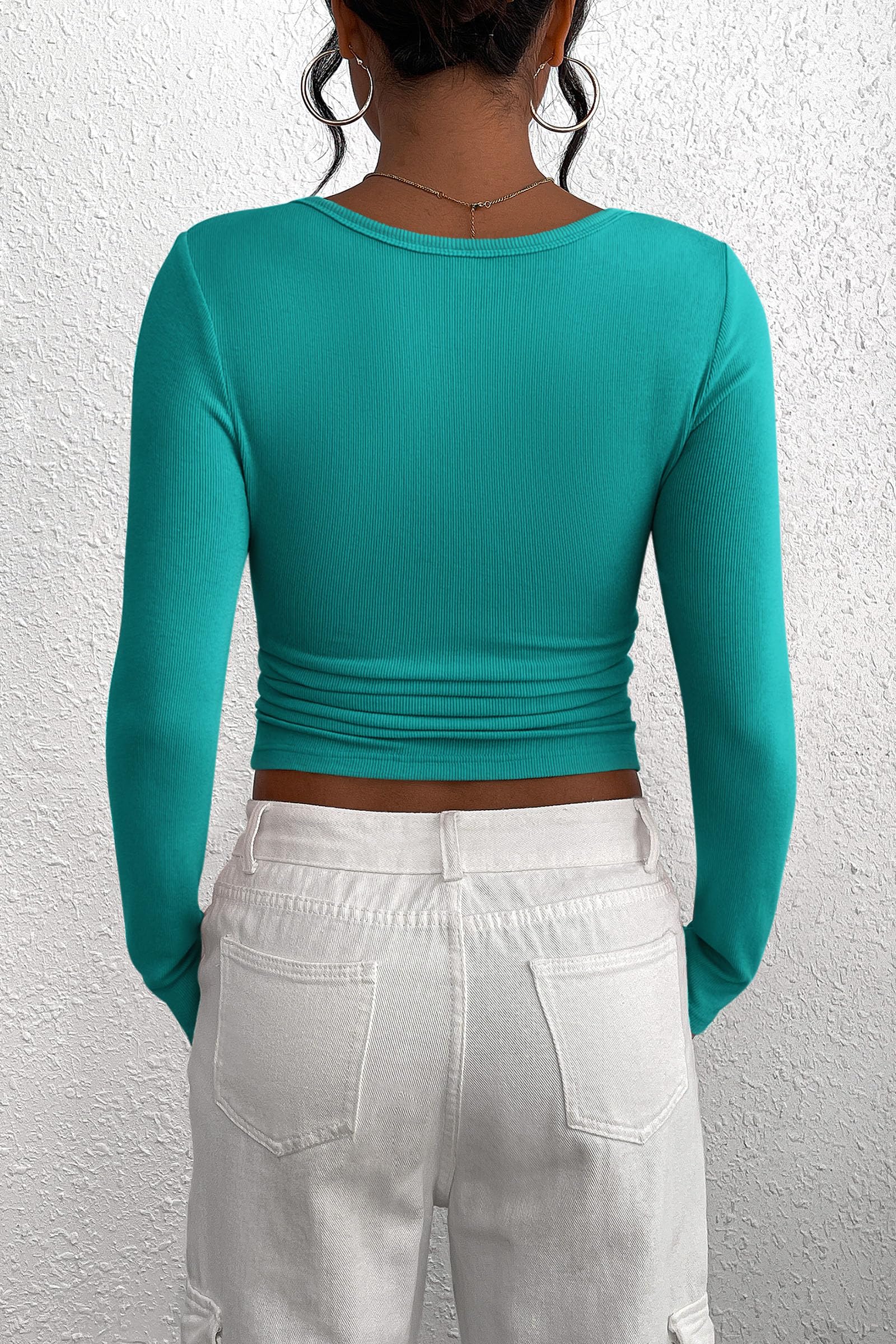 Women's Spring Fall Long Sleeve Henley T Shirts Button Ribbed Knit Slim Fit Casual Basic Tops Blouse