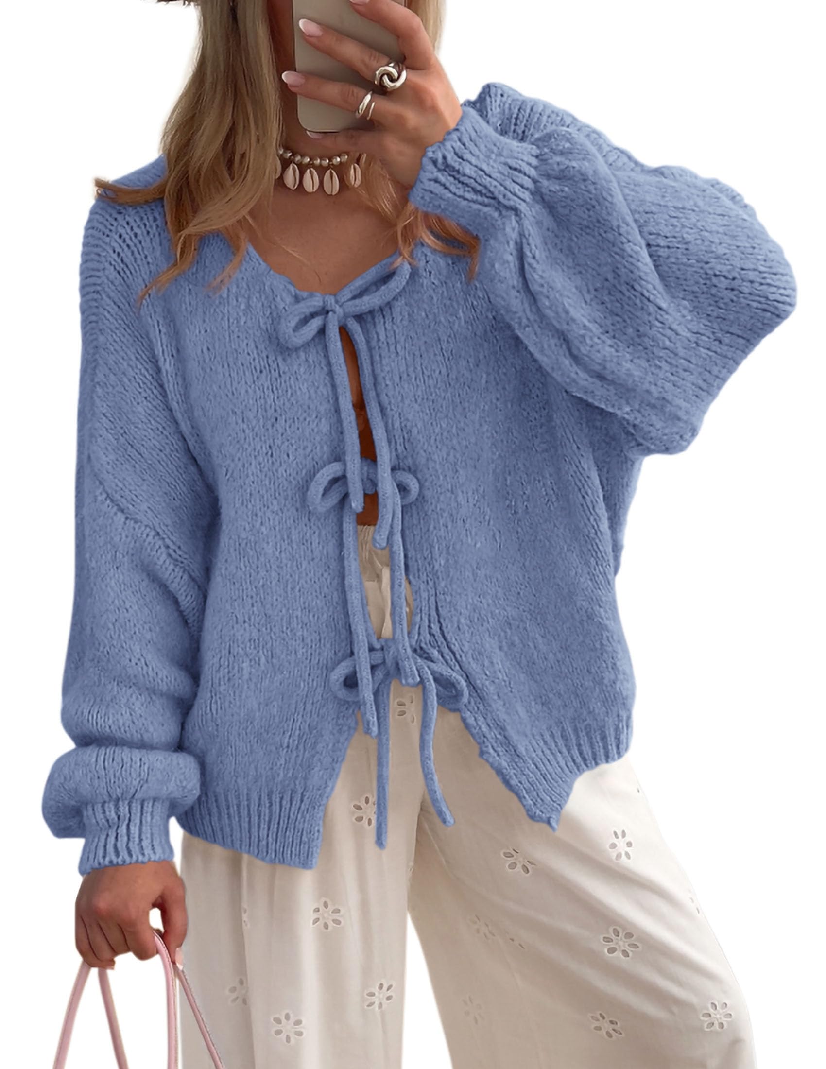 Women's Tie Front Bow Cardigan Sweaters Chunky Knit Long Puff Sleeve Trendy Fall Winter Jacket Coats