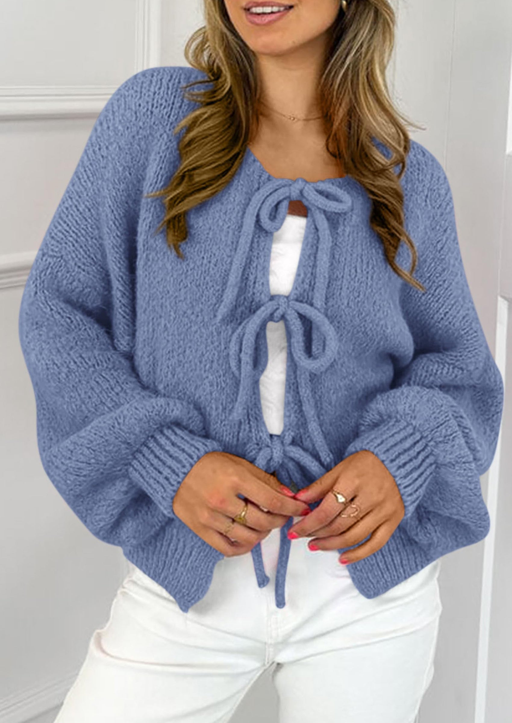 Women's Tie Front Bow Cardigan Sweaters Chunky Knit Long Puff Sleeve Trendy Fall Winter Jacket Coats