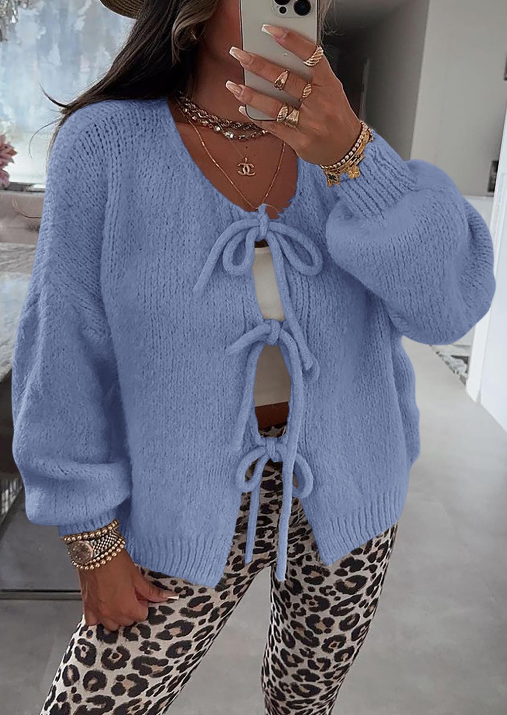 Women's Tie Front Bow Cardigan Sweaters Chunky Knit Long Puff Sleeve Trendy Fall Winter Jacket Coats