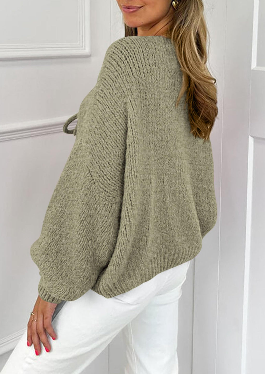 Women's Tie Front Bow Cardigan Sweaters Chunky Knit Long Puff Sleeve Trendy Fall Winter Jacket Coats