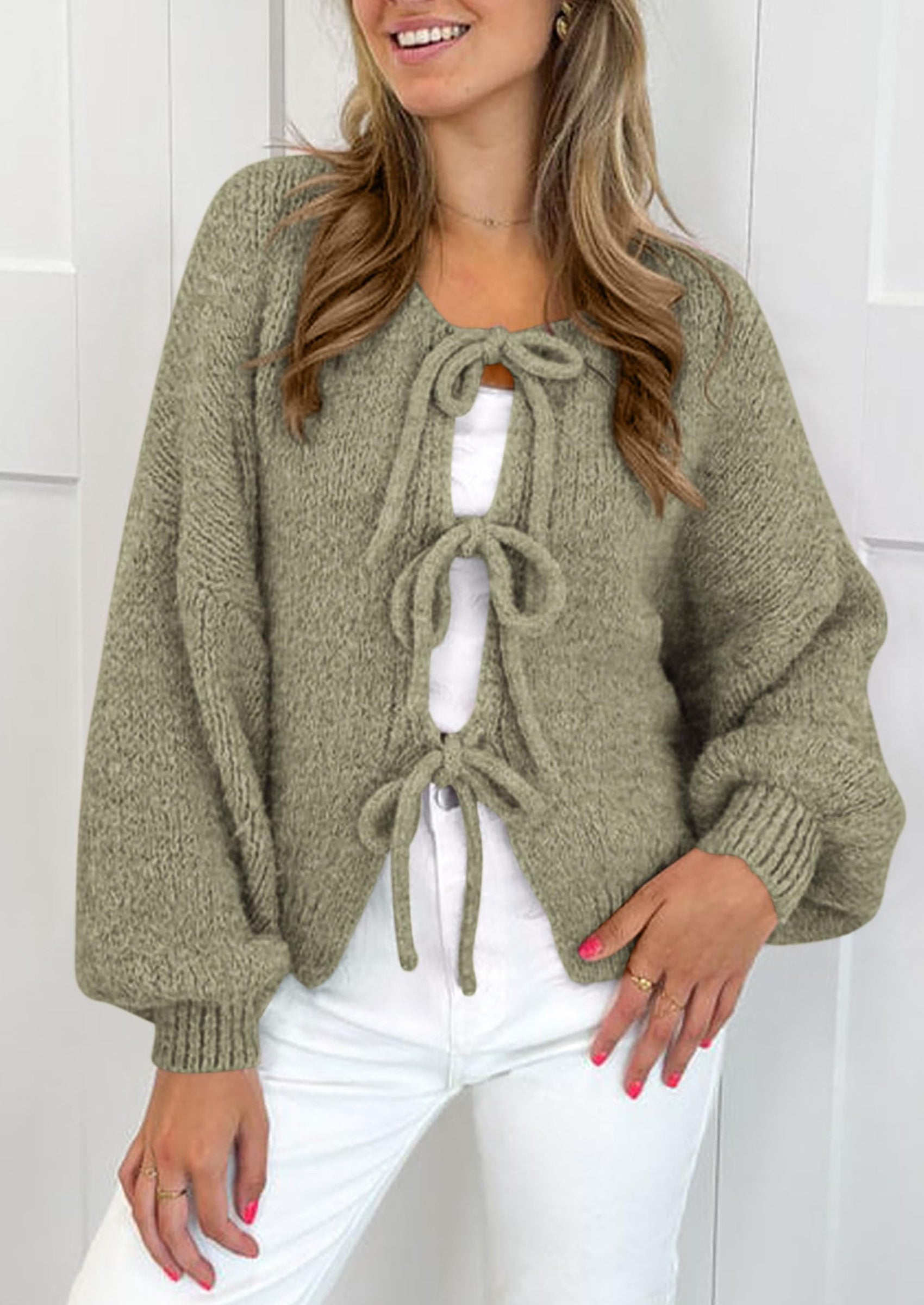 Women's Tie Front Bow Cardigan Sweaters Chunky Knit Long Puff Sleeve Trendy Fall Winter Jacket Coats