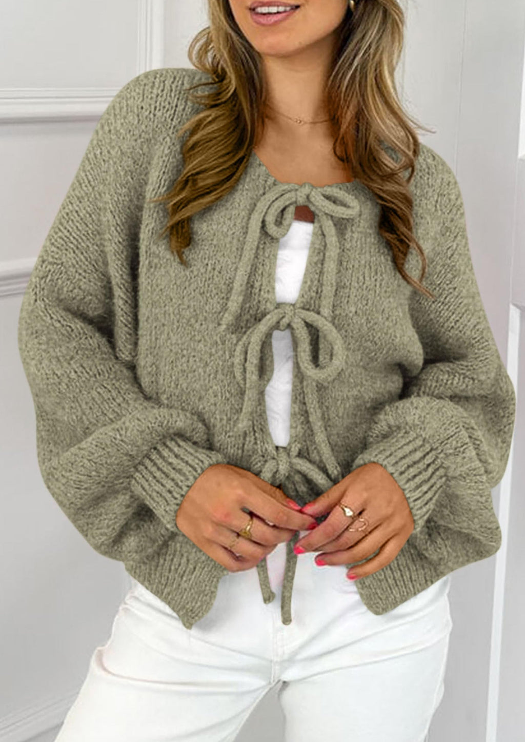 Women's Tie Front Bow Cardigan Sweaters Chunky Knit Long Puff Sleeve Trendy Fall Winter Jacket Coats