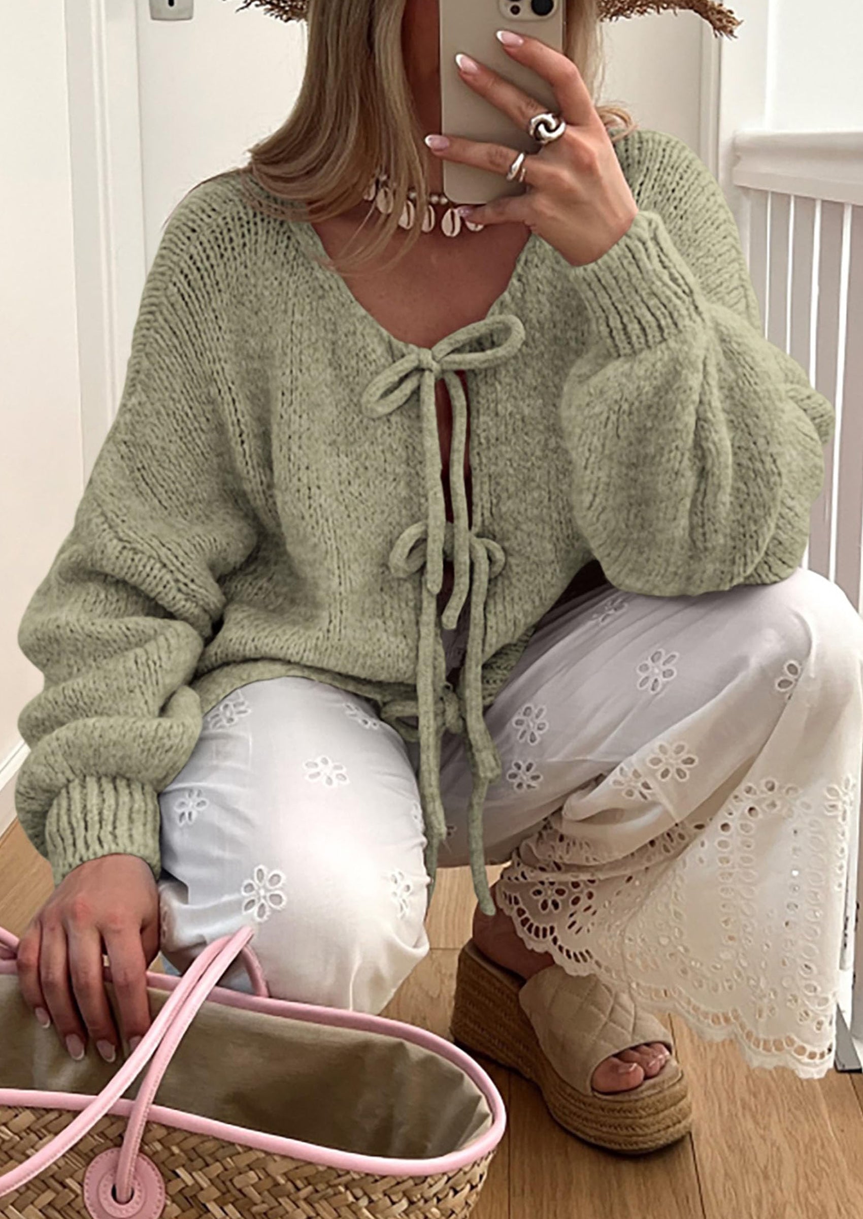 Women's Tie Front Bow Cardigan Sweaters Chunky Knit Long Puff Sleeve Trendy Fall Winter Jacket Coats