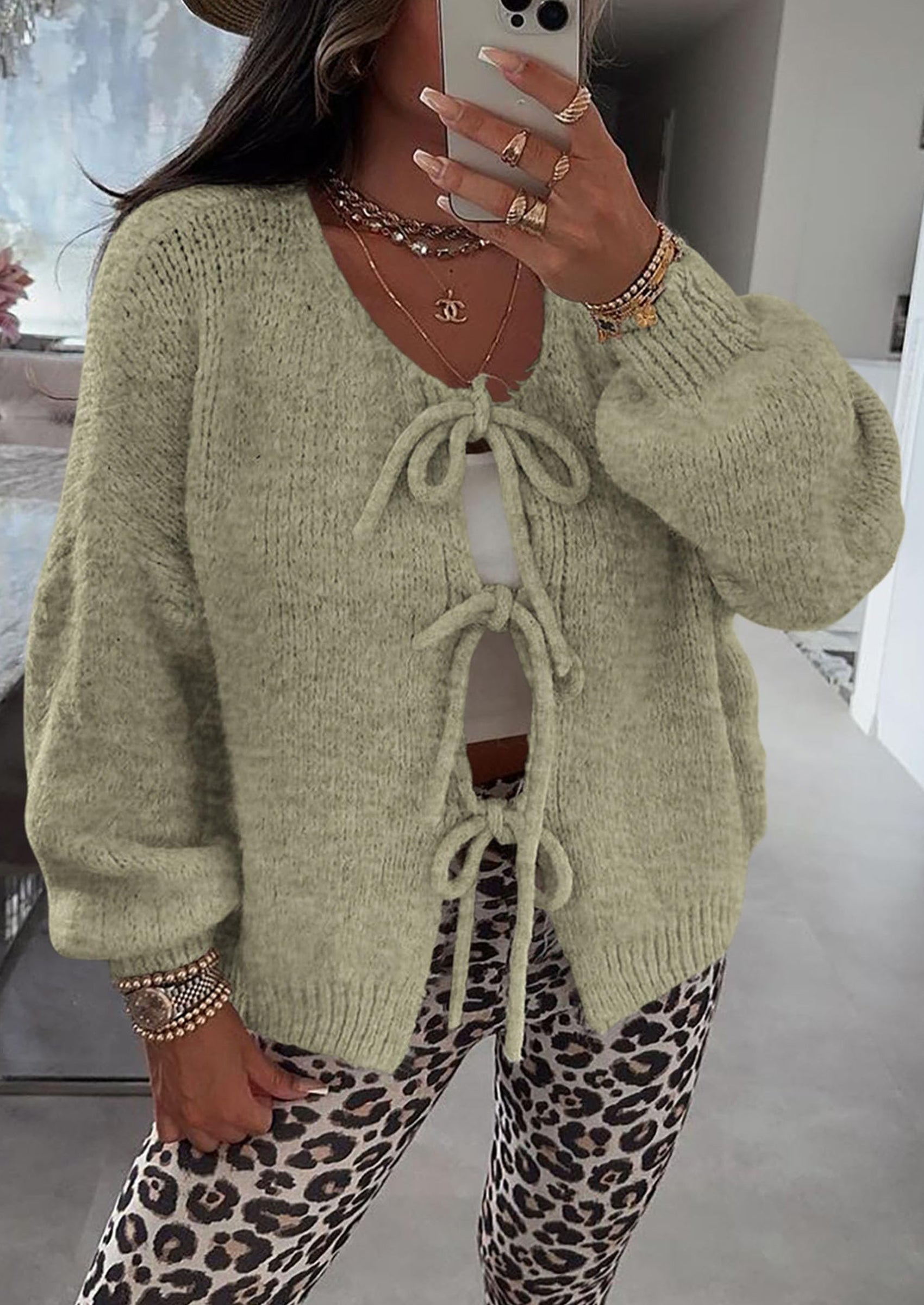 Women's Tie Front Bow Cardigan Sweaters Chunky Knit Long Puff Sleeve Trendy Fall Winter Jacket Coats