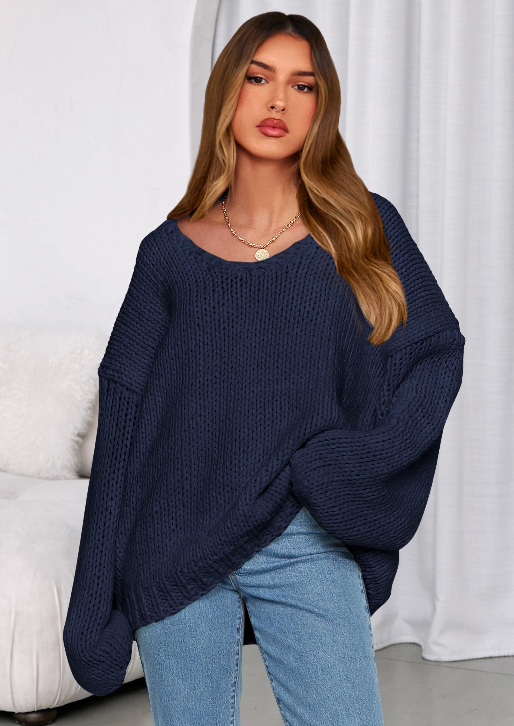 Women's Fall Oversized Sweaters Long Sleeve V Neck Dressy Casual Chunky Knit Loose Pullover Tops Winter Clothing