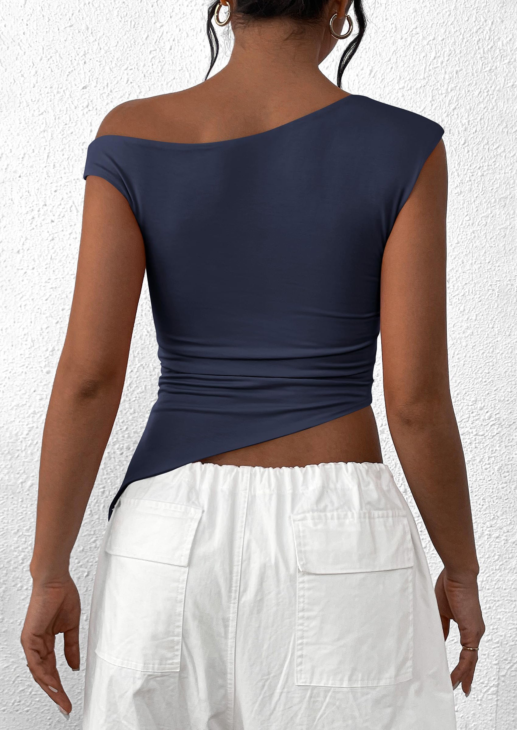 Womens Off The Shoulder Tops Summer Sleeveless One Shoulder Ruched Asymmetrical Y2K Going Out Crop Tank Top