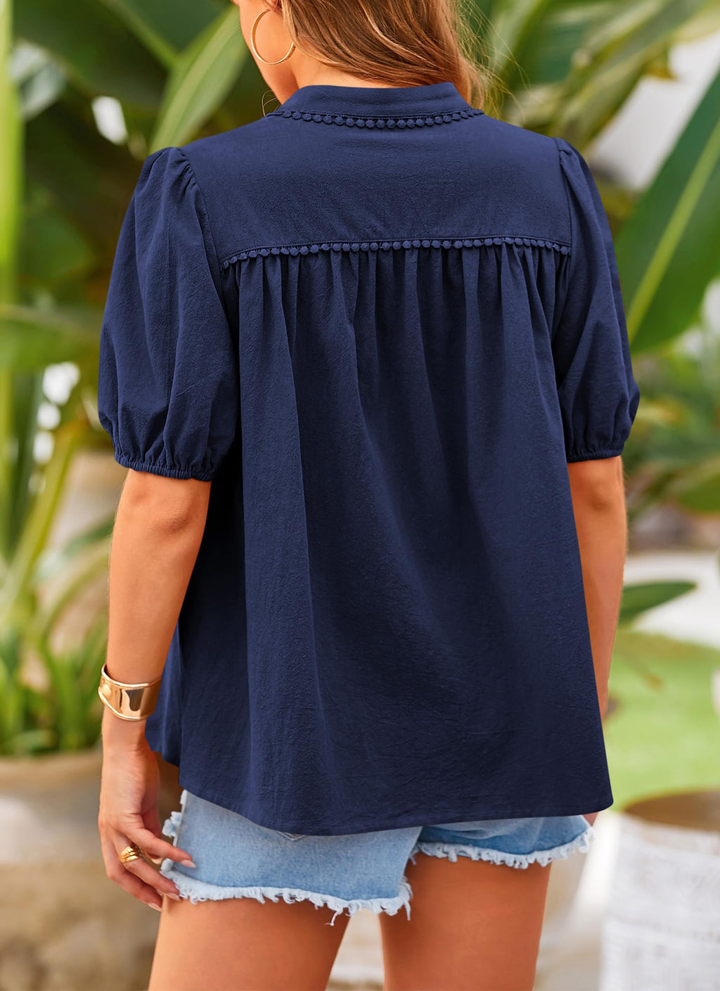 Women's Summer Tops Button Down Shirts Short Lantern Sleeve V Neck Cotton Cute Dressy Casual Blouses