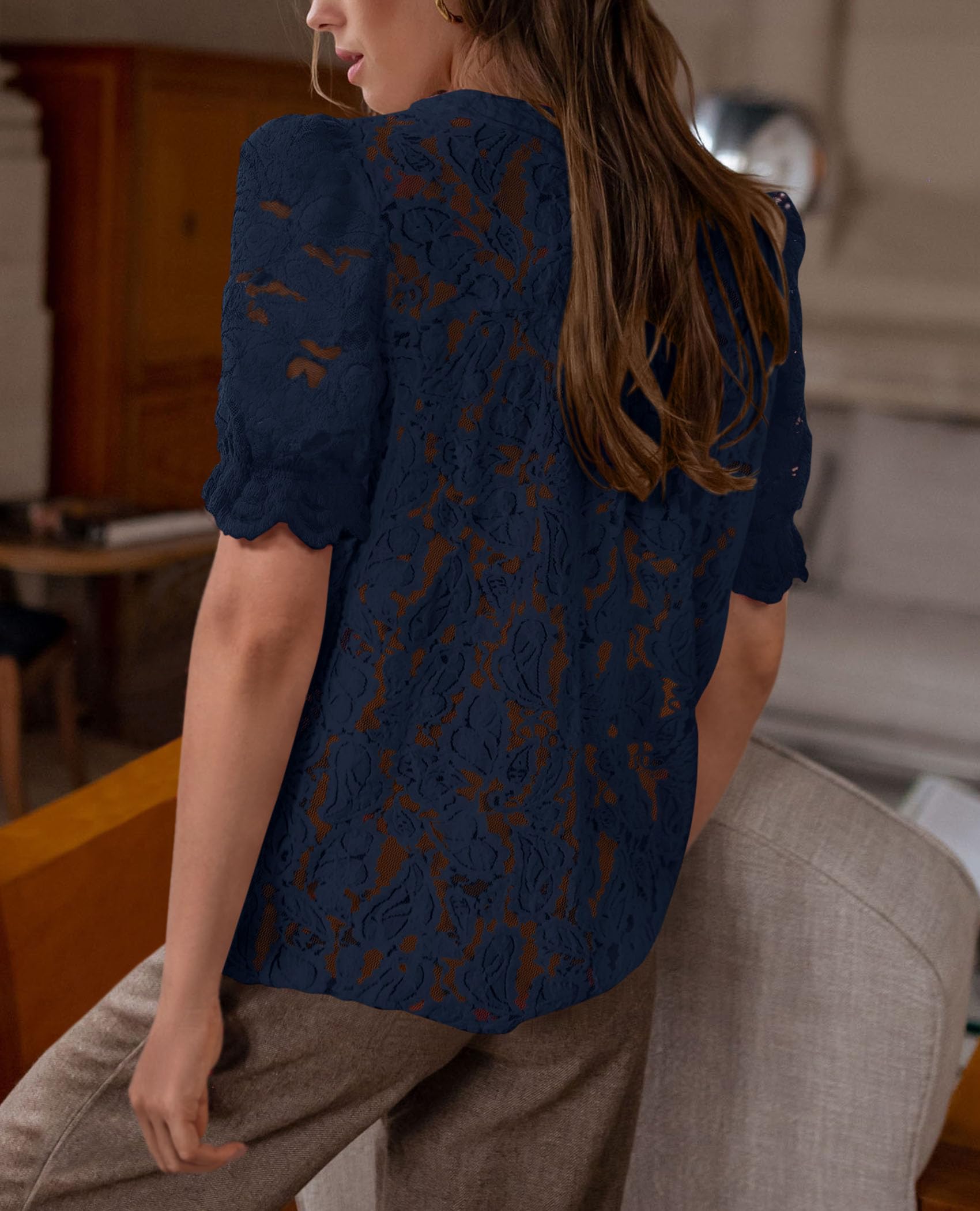 Womens Spring Lace Tops Short Puff Sleeve Casual Dressy Blouses Eyelet Crew Neck Button Down Shirts