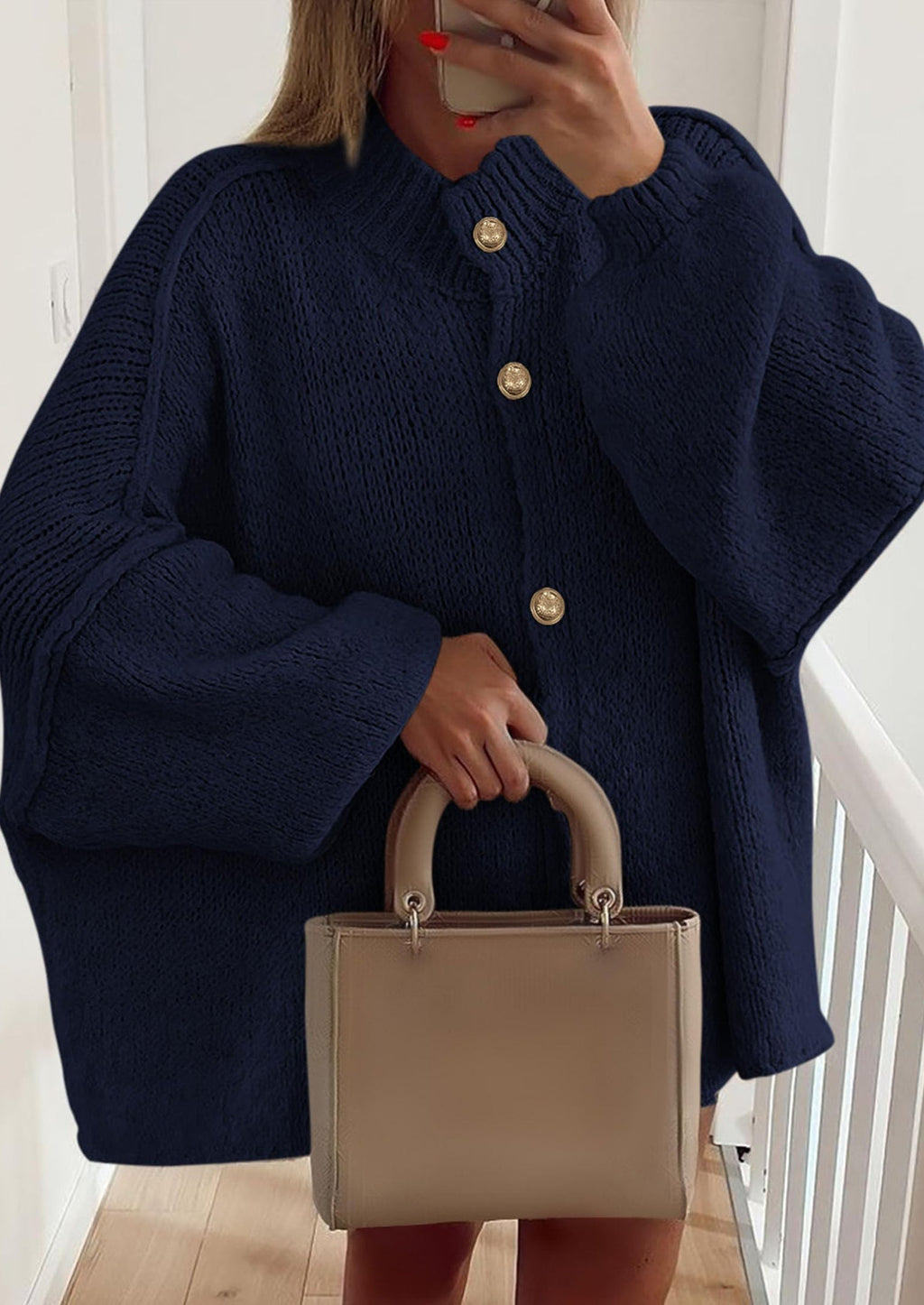 Women's Winter Button Down Cardigan Sweaters Mock Neck Lantern Long Sleeve Chunky Knit Jacket Trendy Outerwear