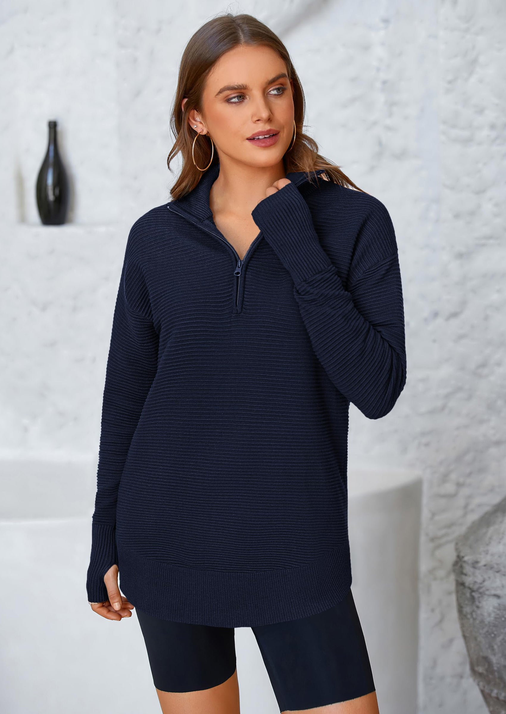 Womens Long Sleeve Quarter Zip Pullover Sweater Casual Loose V Neck Collared Ribbed Knit Jumper Tops Thumb Hole