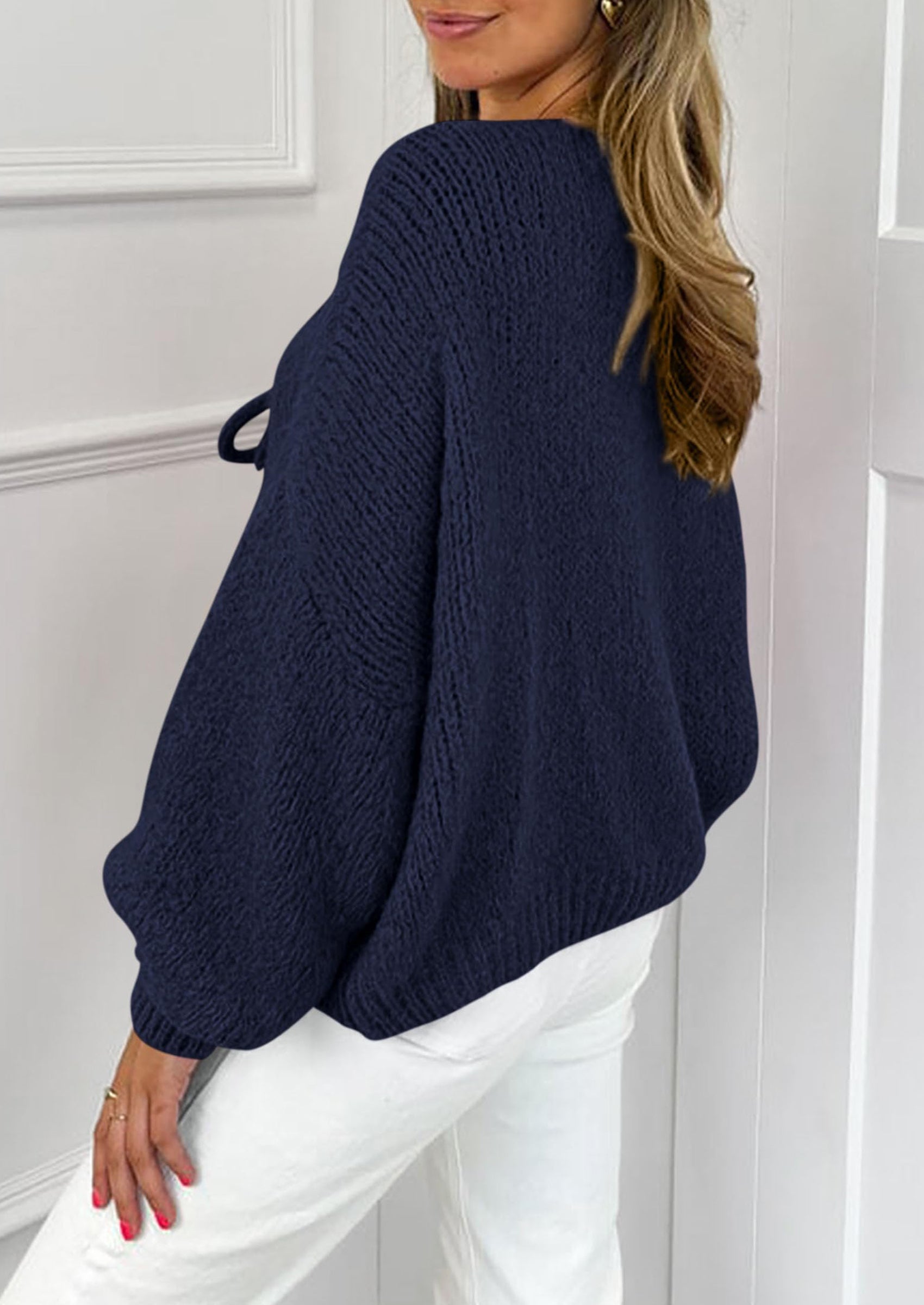 Women's Tie Front Bow Cardigan Sweaters Chunky Knit Long Puff Sleeve Trendy Fall Winter Jacket Coats