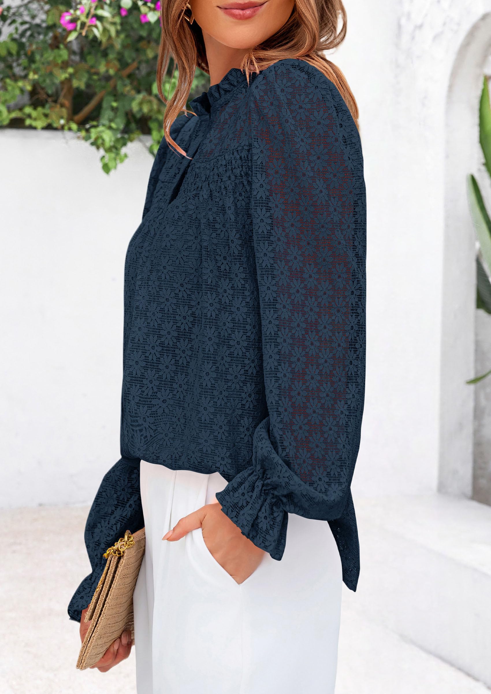 Lace Long Sleeve Tops for Women Eyelet Blouses Dressy Casual Hollow Out Button Down Shirts Summer Outfits