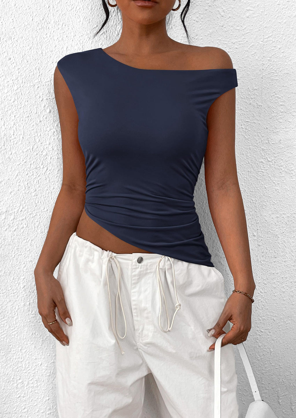Womens Off The Shoulder Tops Summer Sleeveless One Shoulder Ruched Asymmetrical Y2K Going Out Crop Tank Top