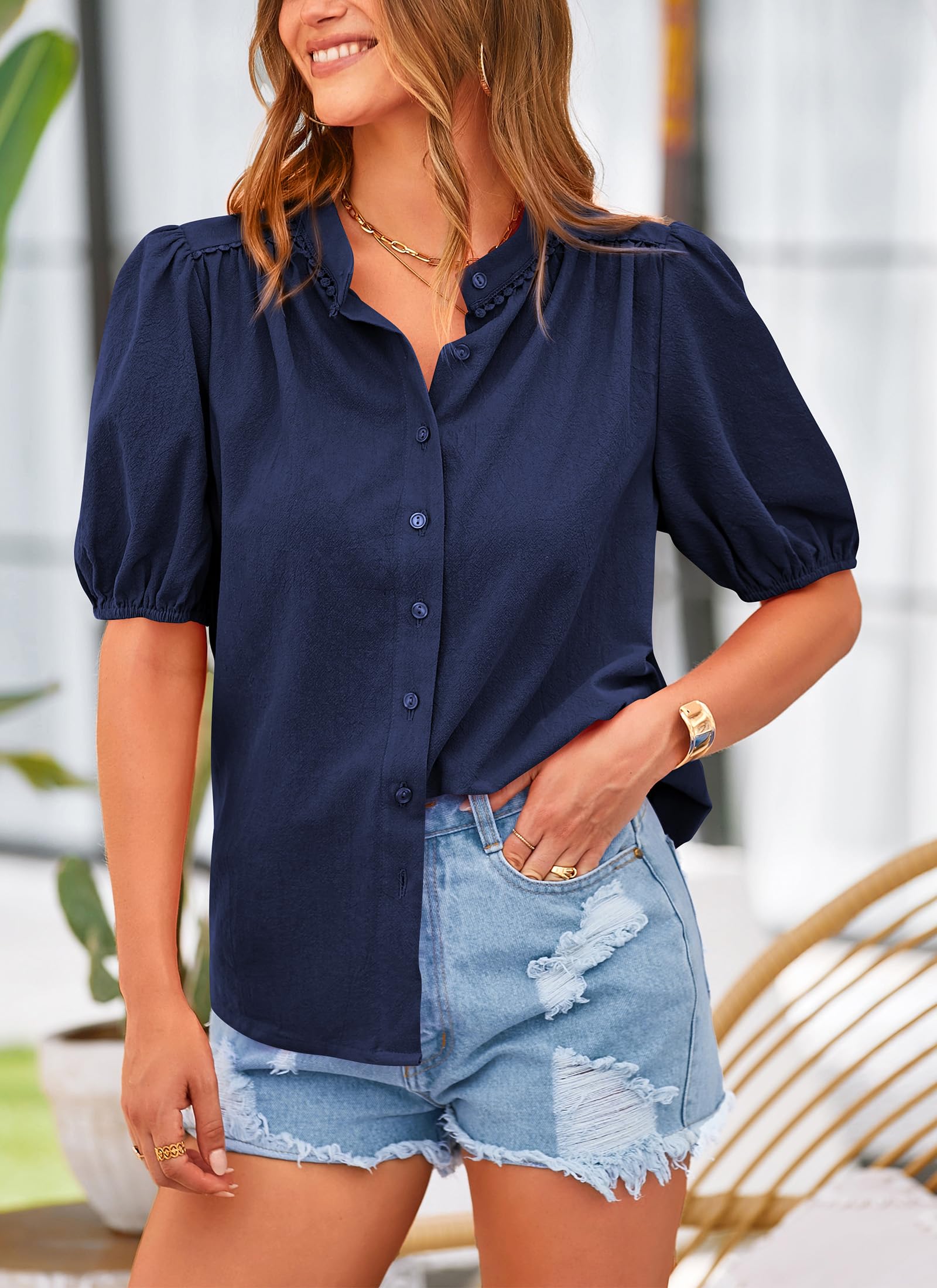 Women's Summer Tops Button Down Shirts Short Lantern Sleeve V Neck Cotton Cute Dressy Casual Blouses