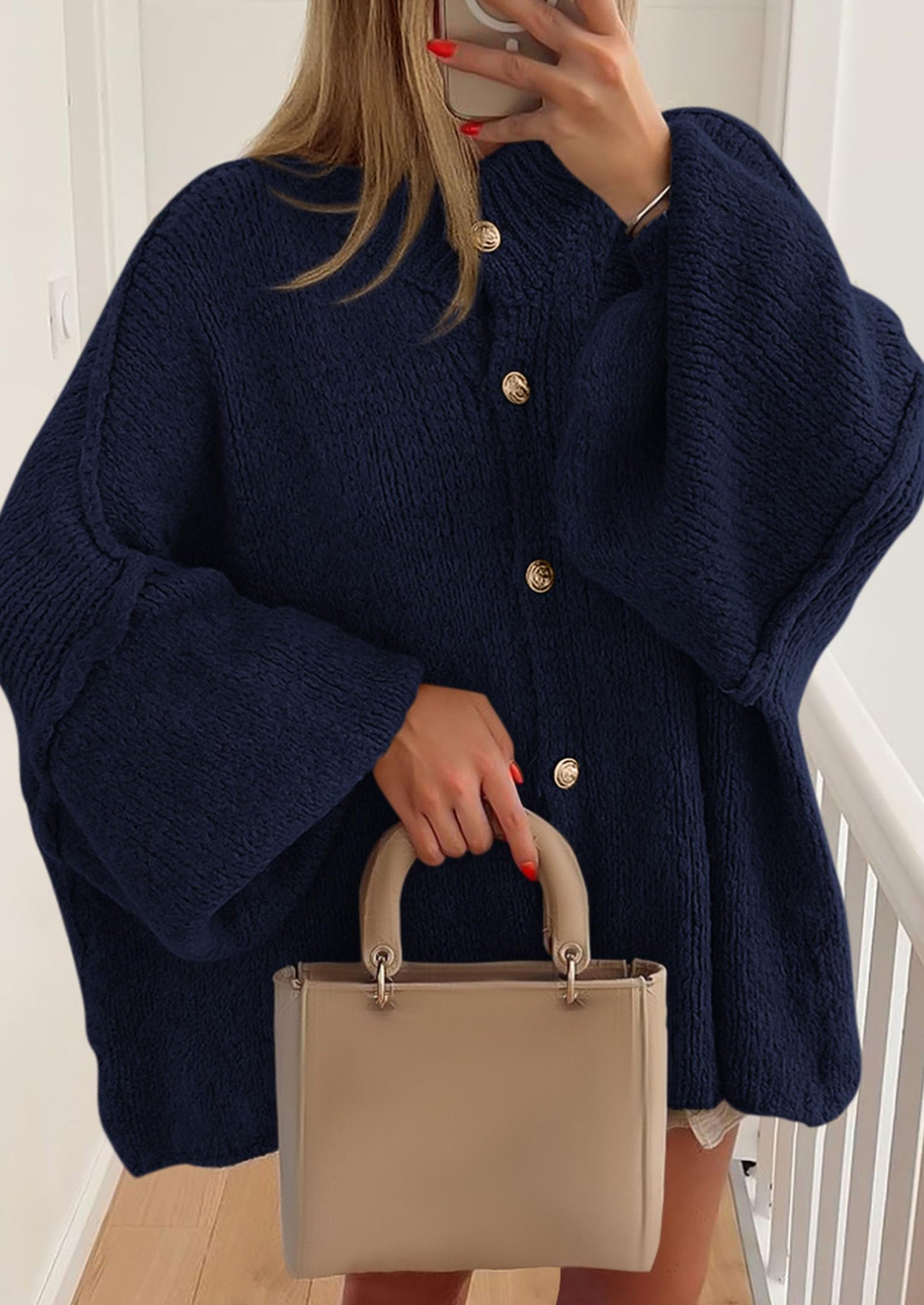 Women's Winter Button Down Cardigan Sweaters Mock Neck Lantern Long Sleeve Chunky Knit Jacket Trendy Outerwear