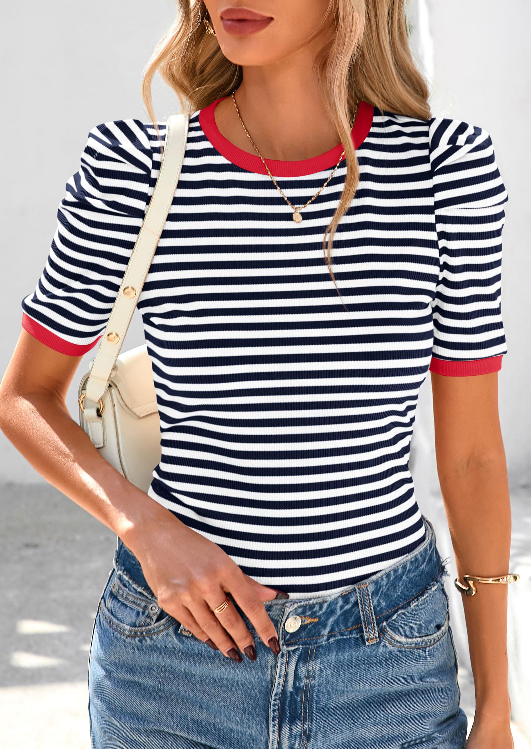 Women's Summer Puff Sleeve Tops Casual Ribbed Knit Crop Top Color Block Trendy Crewneck Striped Shirts