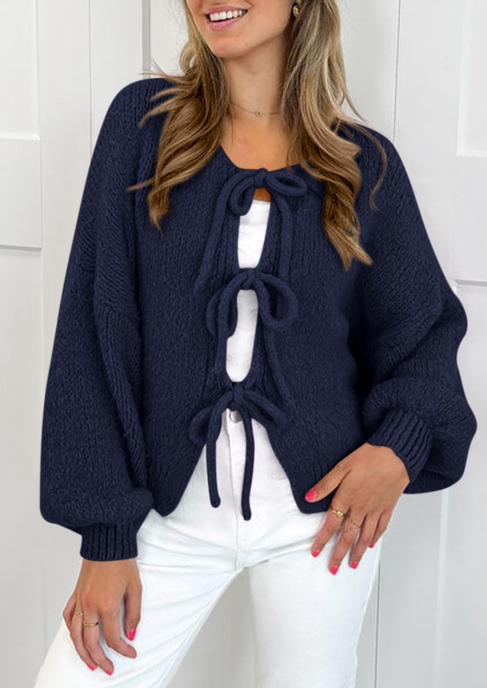 Women's Tie Front Bow Cardigan Sweaters Chunky Knit Long Puff Sleeve Trendy Fall Winter Jacket Coats