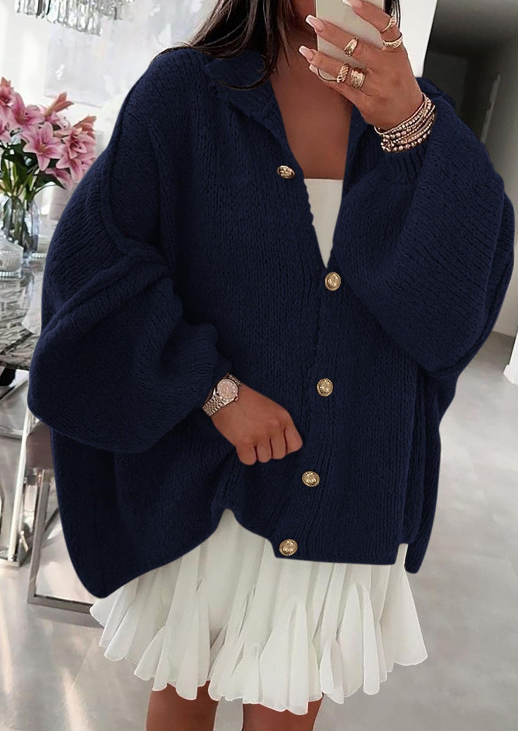 Women's Winter Button Down Cardigan Sweaters Mock Neck Lantern Long Sleeve Chunky Knit Jacket Trendy Outerwear