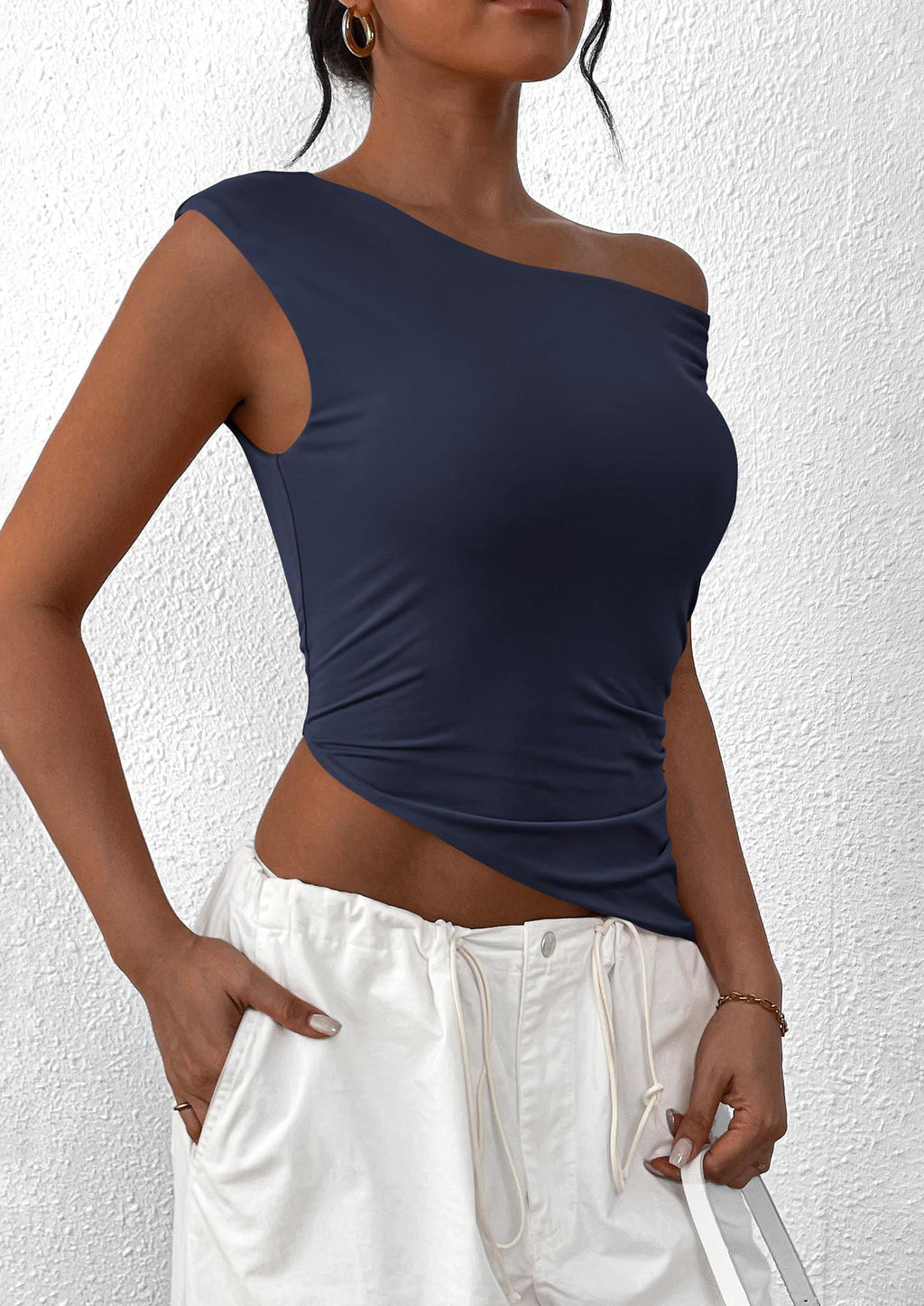 Womens Off The Shoulder Tops Summer Sleeveless One Shoulder Ruched Asymmetrical Y2K Going Out Crop Tank Top