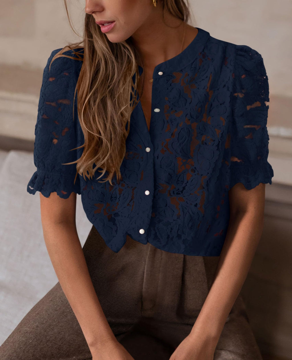 Womens Spring Lace Tops Short Puff Sleeve Casual Dressy Blouses Eyelet Crew Neck Button Down Shirts