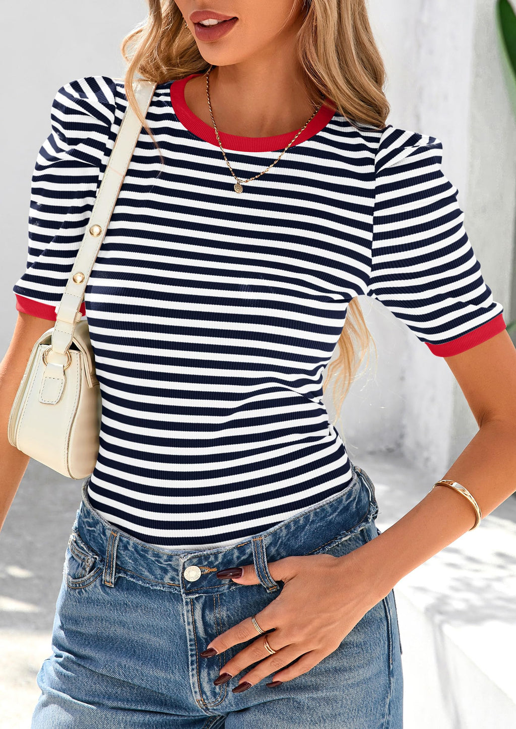 Women's Summer Puff Sleeve Tops Casual Ribbed Knit Crop Top Color Block Trendy Crewneck Striped Shirts