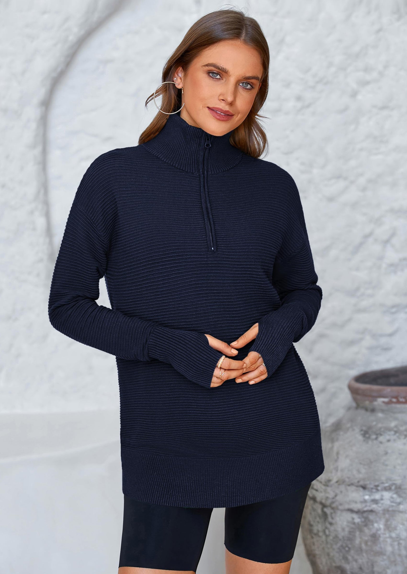 Womens Long Sleeve Quarter Zip Pullover Sweater Casual Loose V Neck Collared Ribbed Knit Jumper Tops Thumb Hole